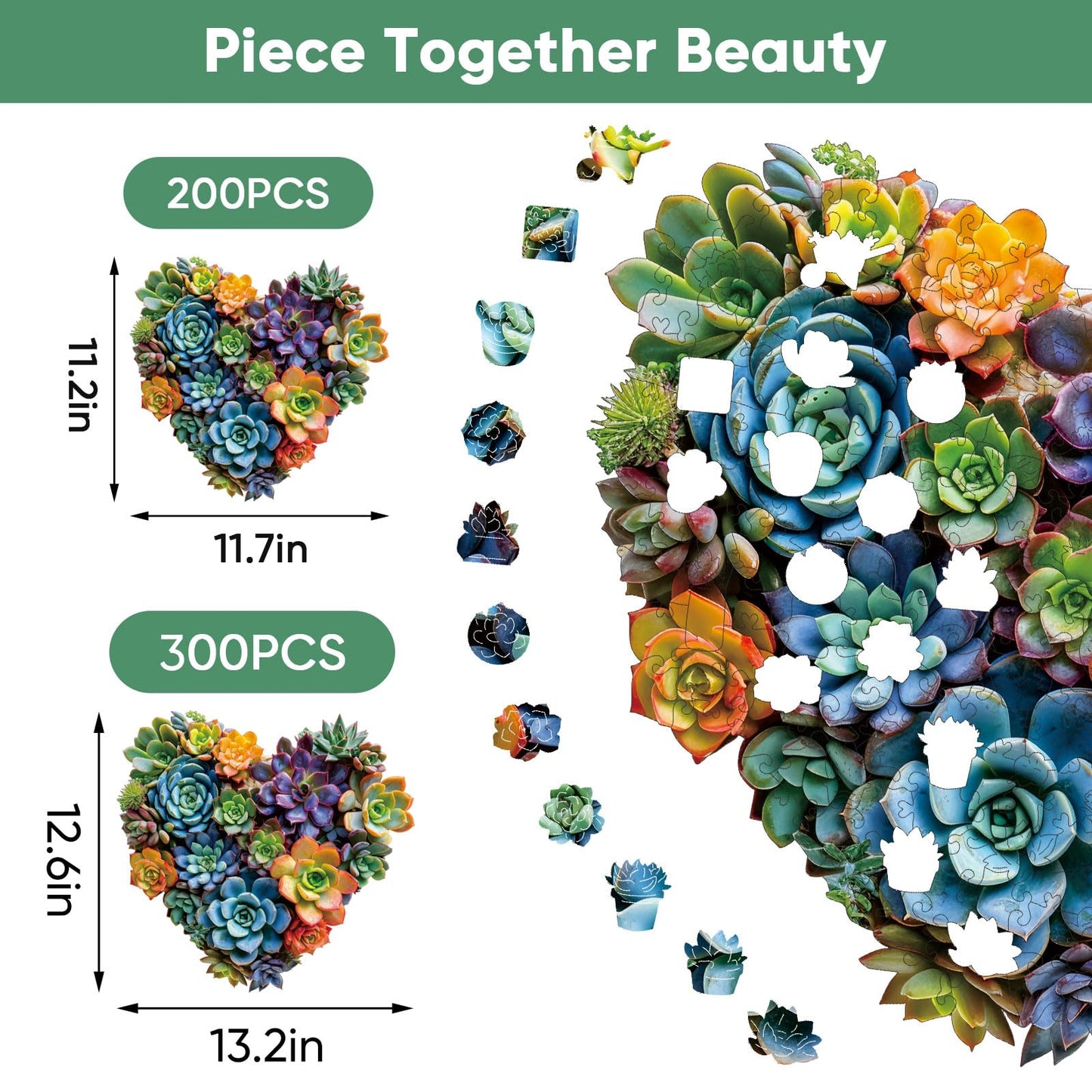 Mys Aurora Jigsaw Puzzles – 300-Piece Heart Succulent Wooden Puzzle for Adults, 13.2 x 12.6 in