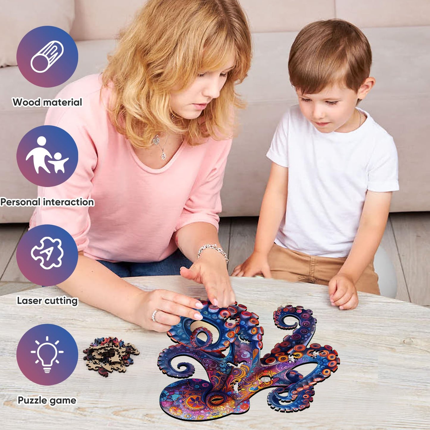 Mys Aurora Octopus Puzzle – 500-Piece 5mm Wooden Ocean Jigsaw (17x17 in) for Adults & Kids