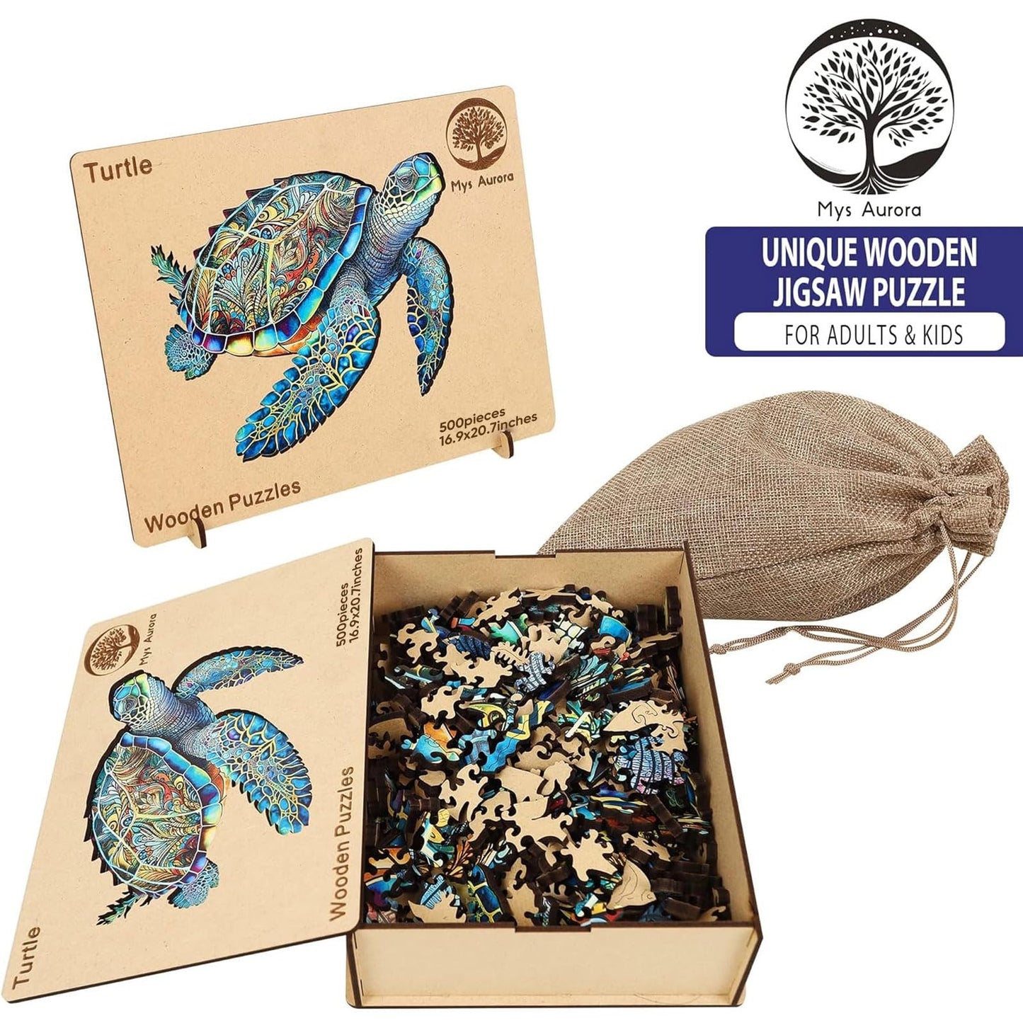 Mys Aurora FSC Certified Wooden Sea Turtle Puzzle – 500 Pieces, 5mm Unique Shaped Jigsaw