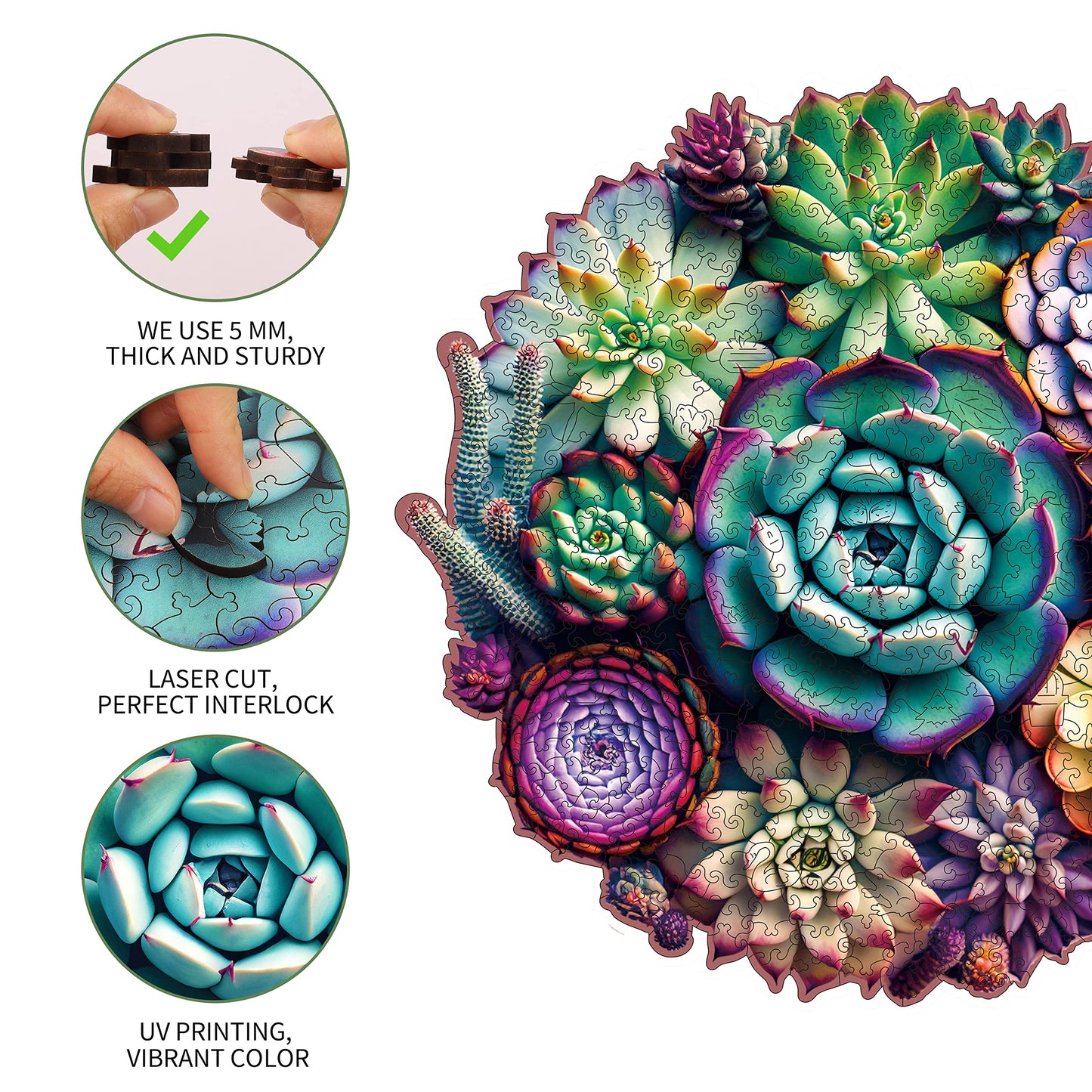 Mys Aurora Unique Wooden Jigsaw Puzzles – Mandala Succulent, King Size 16.9'' x 16.3''