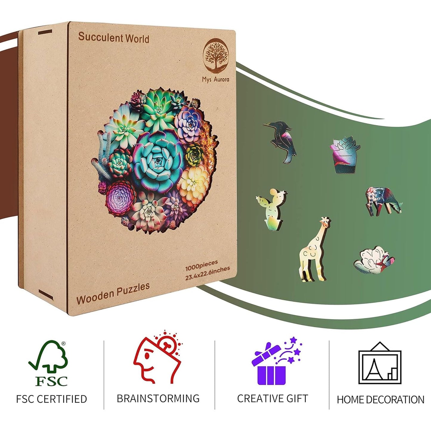 Mys Aurora 1000-Piece Wooden Puzzle – Mandala Succulent Plants, Unique Shape (23.4 x 22.6 in)