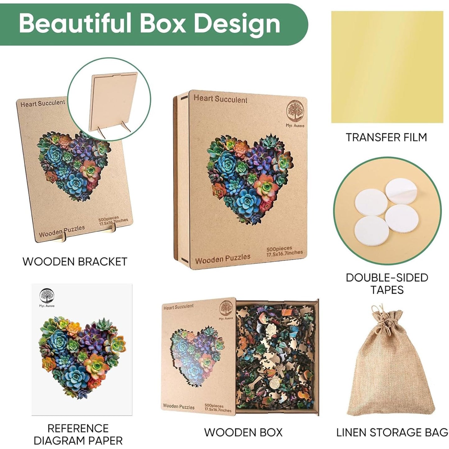 Mys Aurora 500-Piece Heart Succulent Wooden Puzzle – Unique Shaped Jigsaw for Adults & Kids, 17.5in x 16.7in