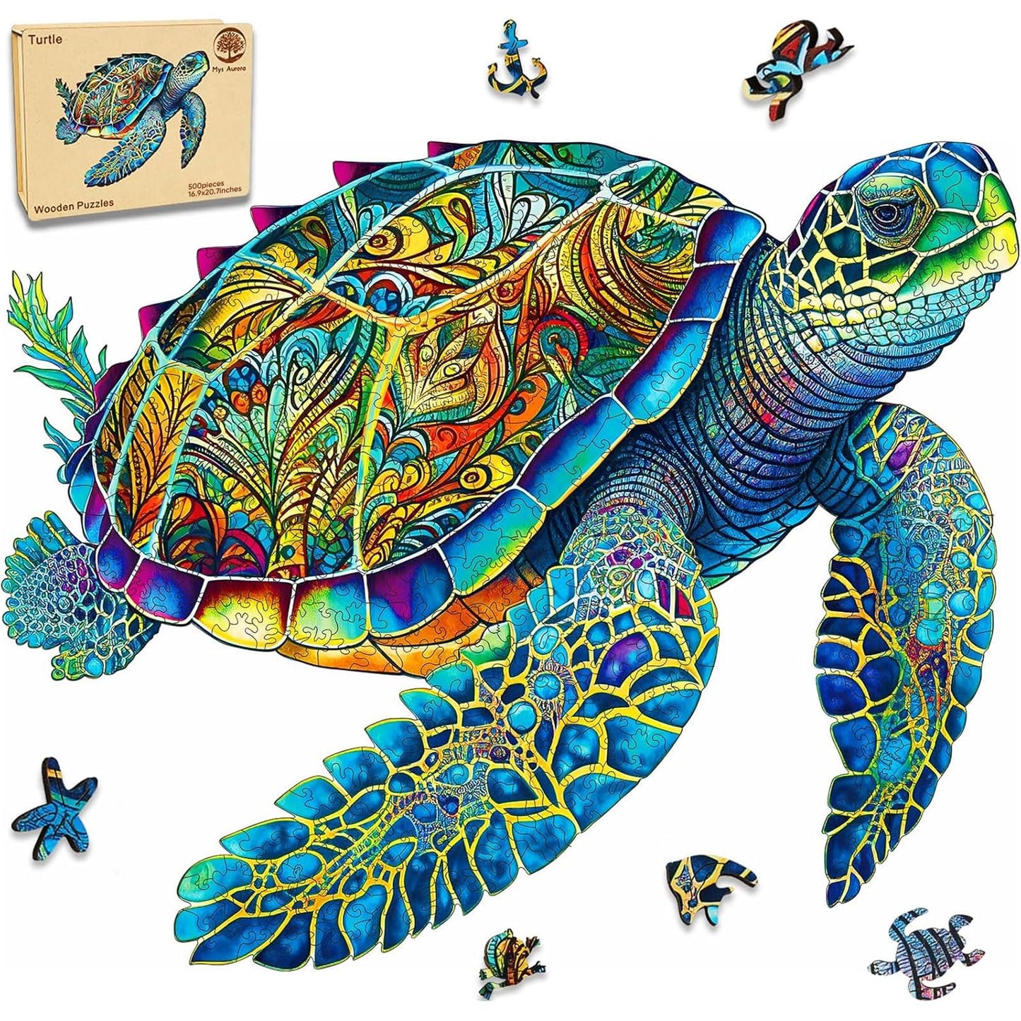 Mys Aurora FSC Certified Wooden Sea Turtle Puzzle – 500 Pieces, 5mm Unique Shaped Jigsaw