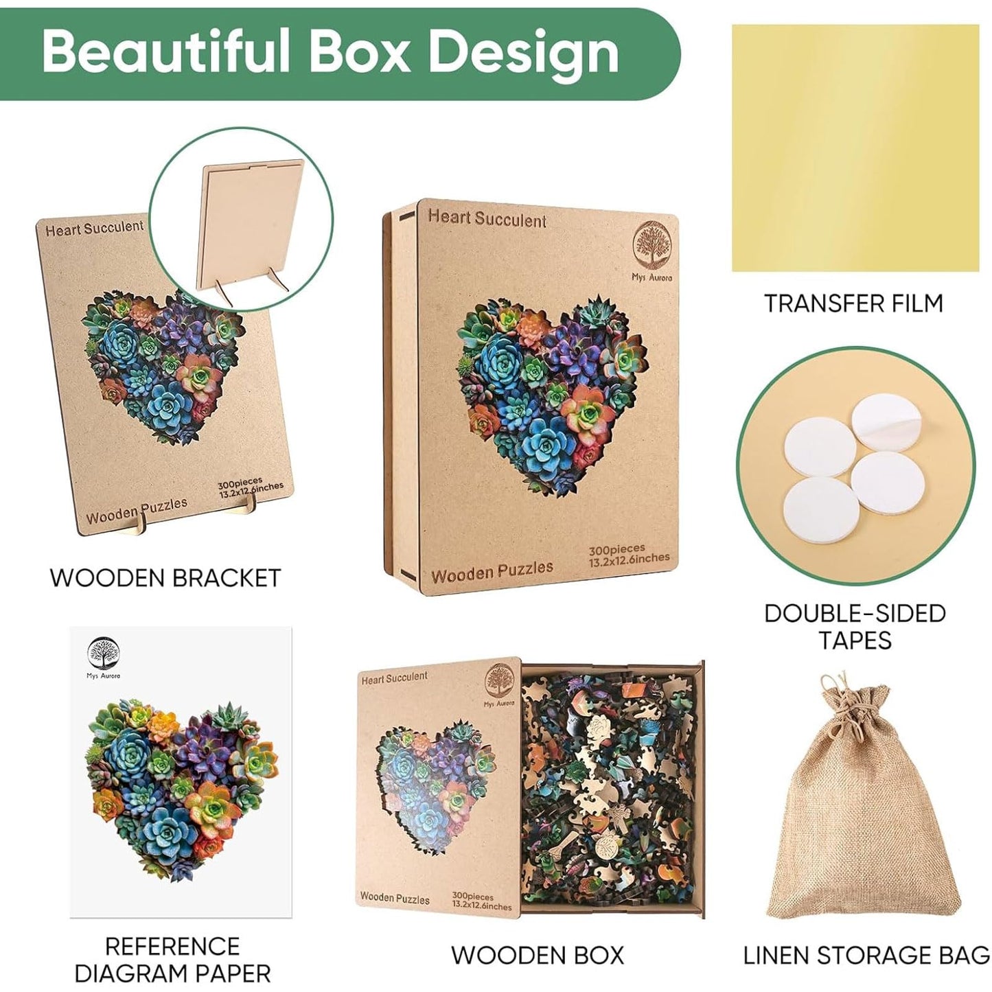 Mys Aurora Jigsaw Puzzles – 300-Piece Heart Succulent Wooden Puzzle for Adults, 13.2 x 12.6 in