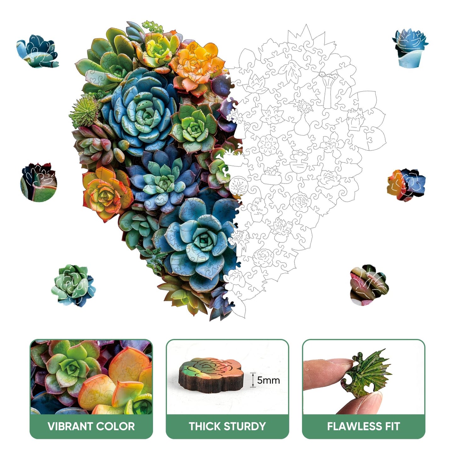 Mys Aurora Jigsaw Puzzles – 300-Piece Heart Succulent Wooden Puzzle for Adults, 13.2 x 12.6 in