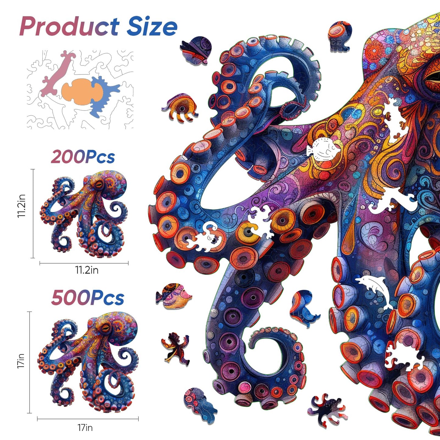 Mys Aurora Octopus Puzzle – 500-Piece 5mm Wooden Ocean Jigsaw (17x17 in) for Adults & Kids