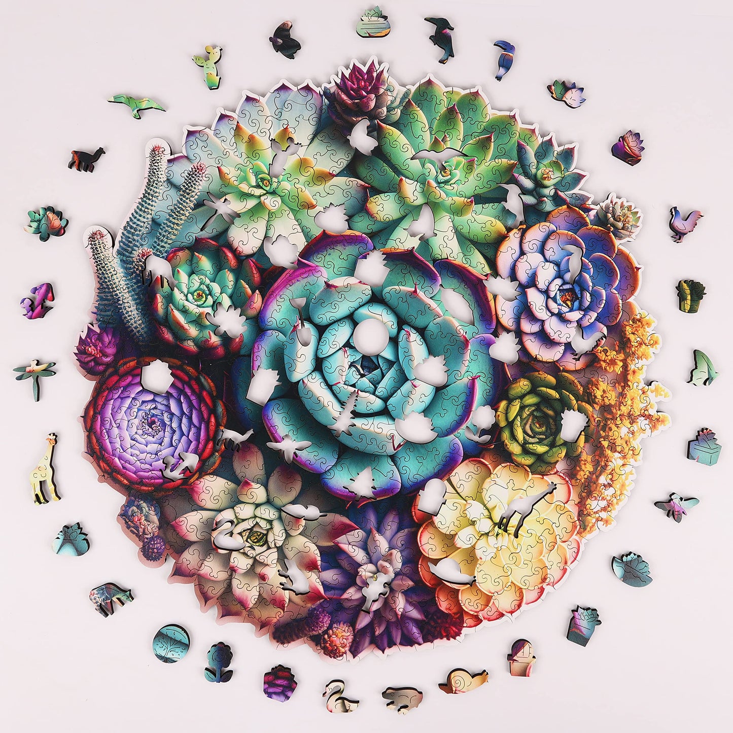 Mys Aurora Unique Wooden Jigsaw Puzzles – Mandala Succulent, King Size 16.9'' x 16.3''