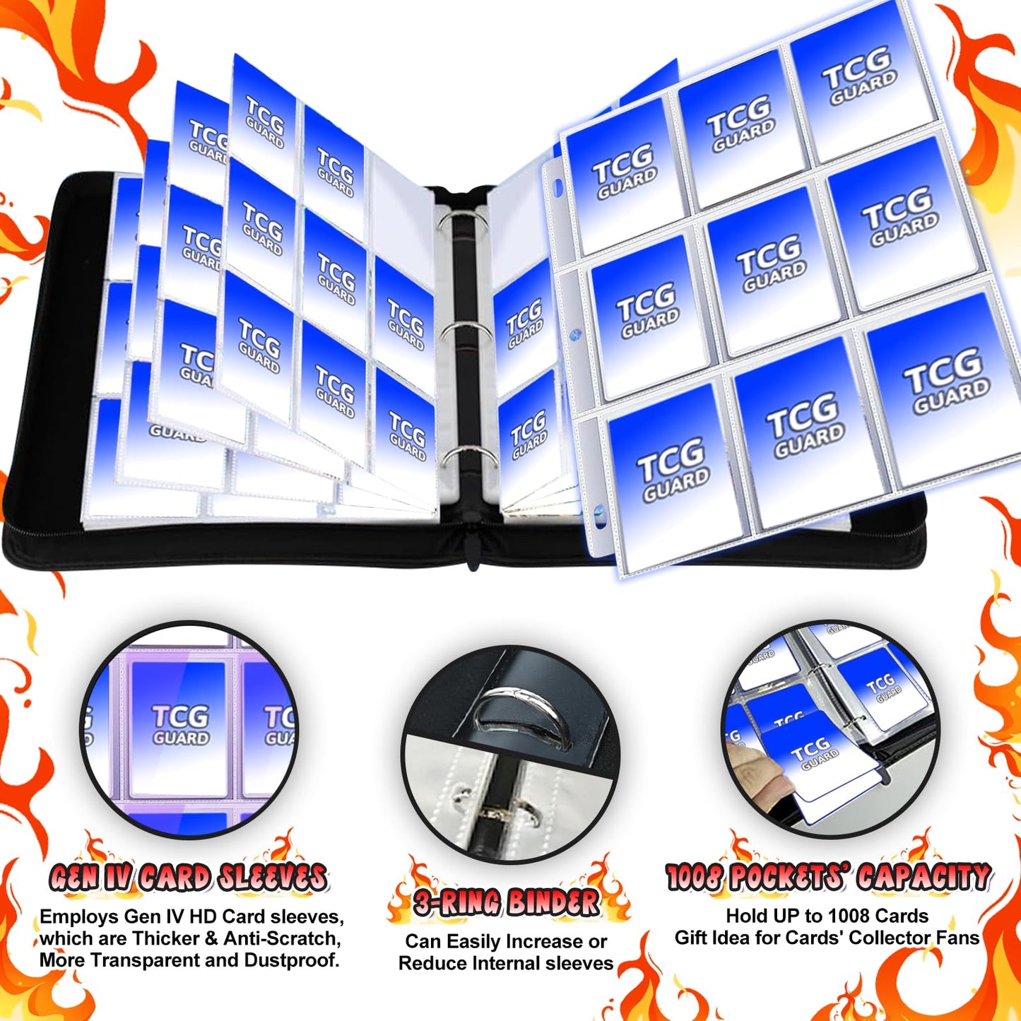 MYTCG 1008 Card Binder – 9-Pocket, 56-Page Sleeves, 3-Ring Organizer, Waterproof Case – Double Dragon