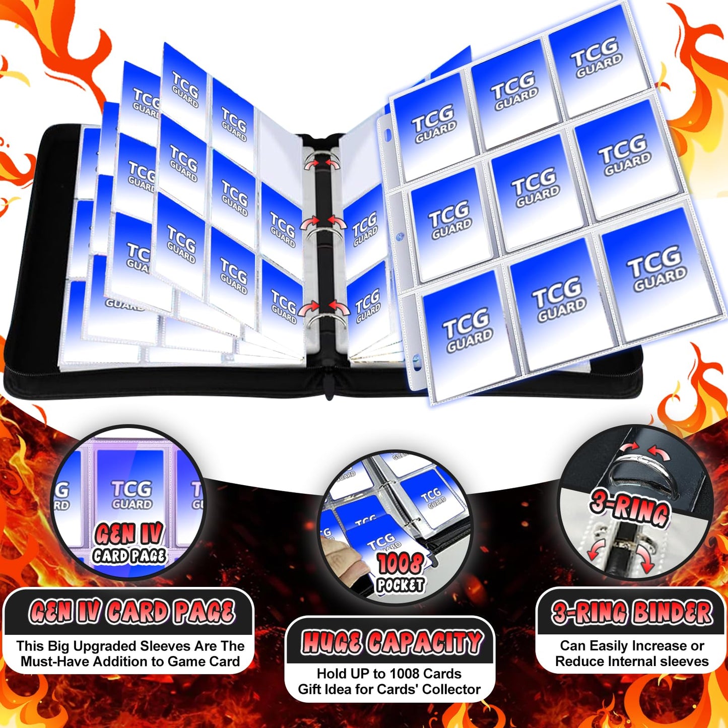 MYTCG 1008 Card Binder – 3-Ring with 56 Removable Sleeves, 9-Pocket Pages, Waterproof Album (Fire)