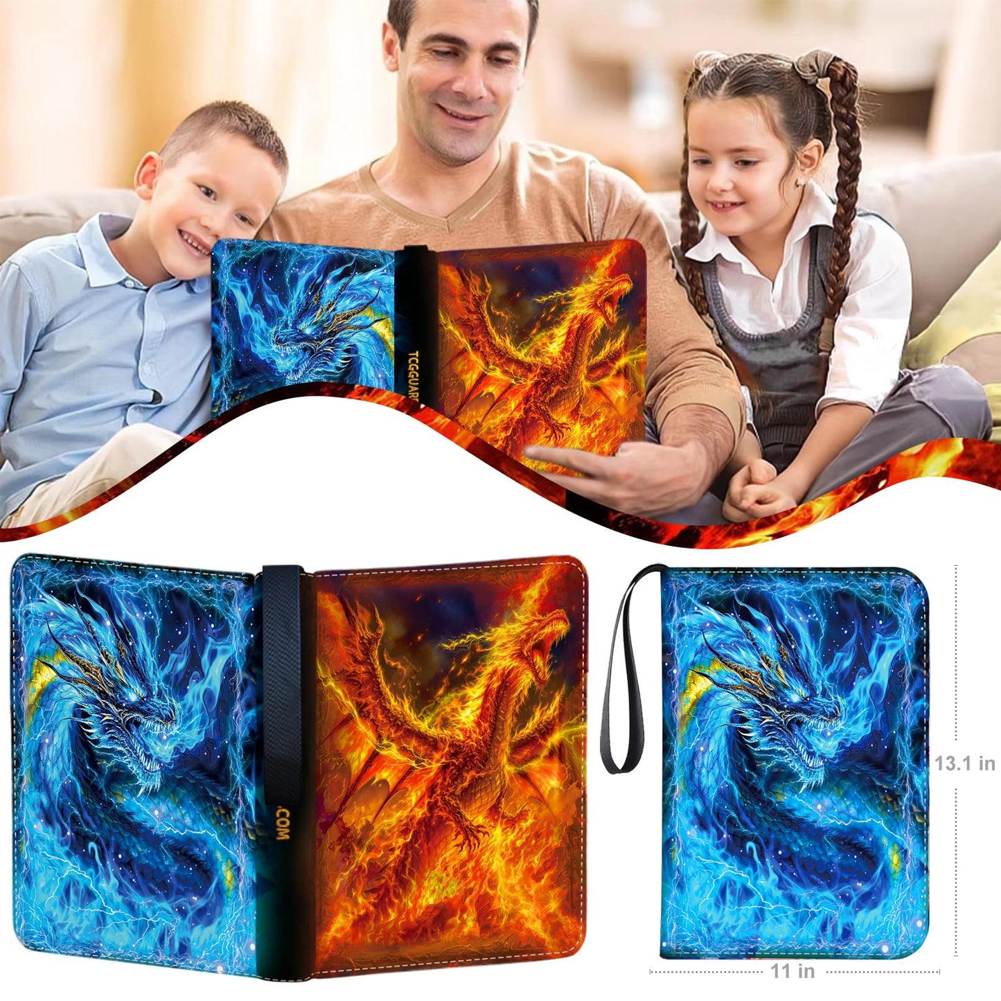 MYTCG 1008 Card Binder – 3-Ring with 56 Removable Sleeves, 9-Pocket Pages, Waterproof Album (Fire)