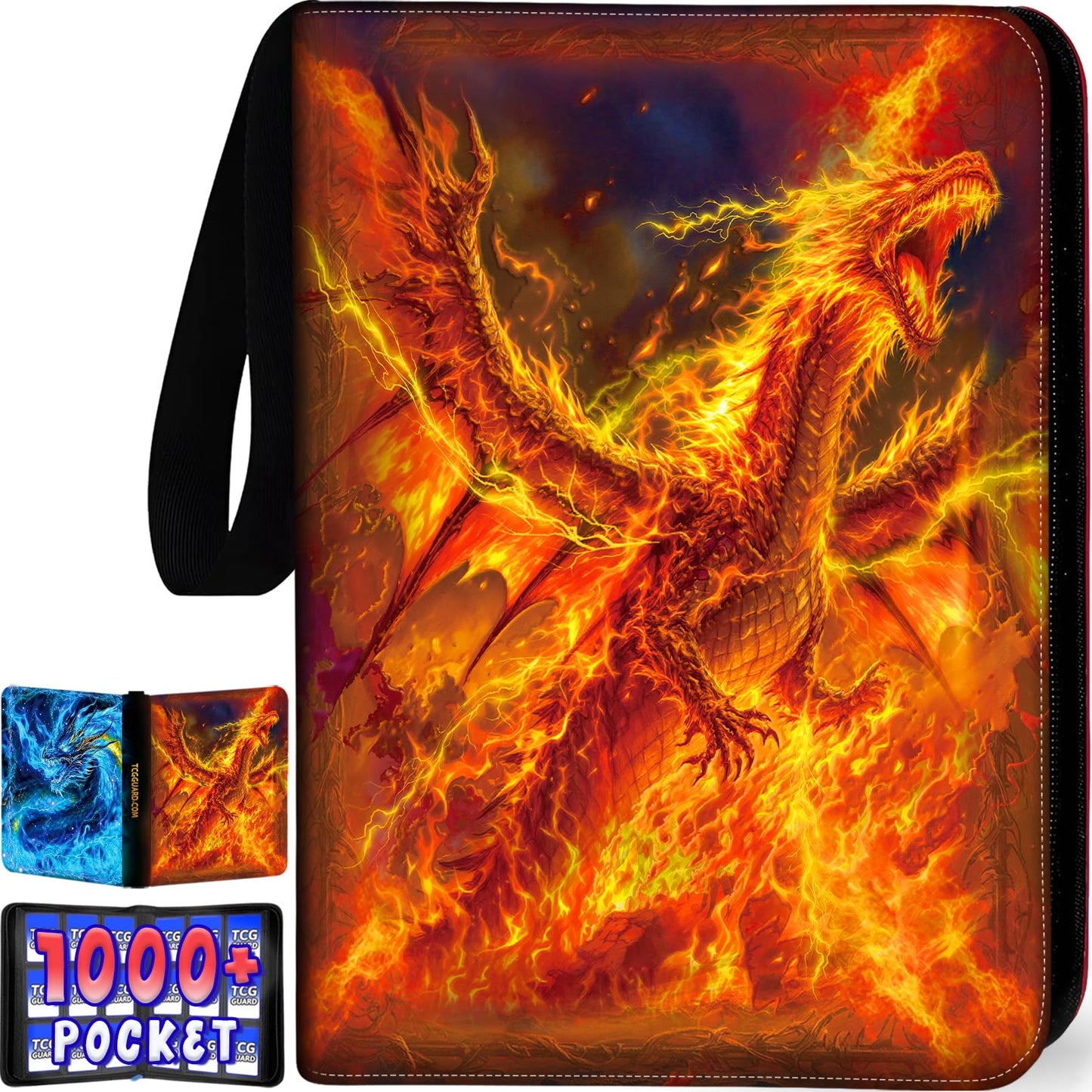 MYTCG 1008 Card Binder – 3-Ring with 56 Removable Sleeves, 9-Pocket Pages, Waterproof Album (Fire)