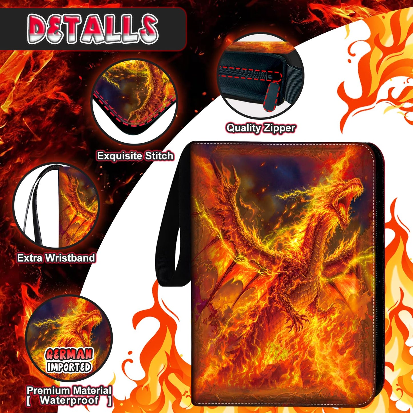 MYTCG 1008 Card Binder – 3-Ring with 56 Removable Sleeves, 9-Pocket Pages, Waterproof Album (Fire)