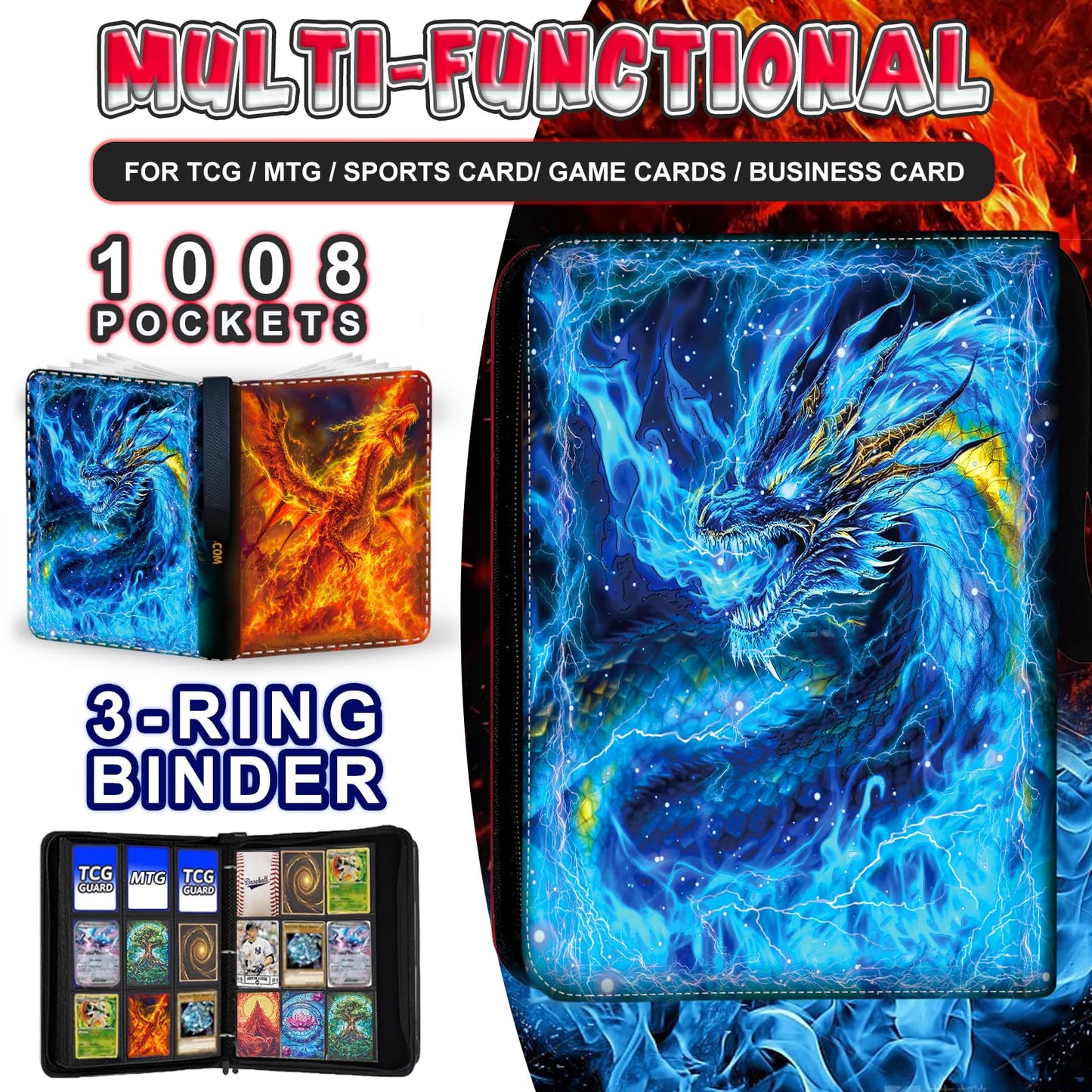 MYTCG 1008 Card Binder – 3-Ring with 56 Removable Sleeves, 9-Pocket Pages, Waterproof Album (Fire)