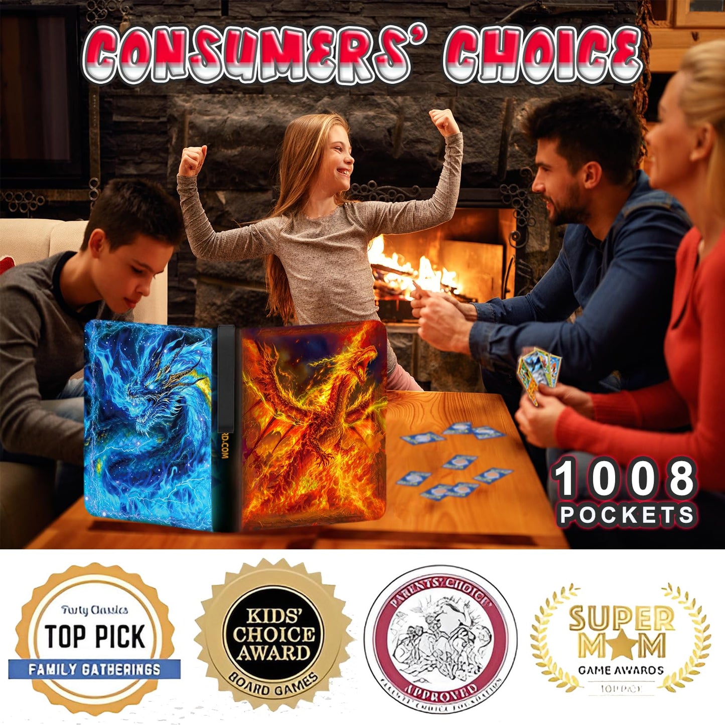 MYTCG 1008 Card Binder – 3-Ring with 56 Removable Sleeves, 9-Pocket Pages, Waterproof Album (Fire)