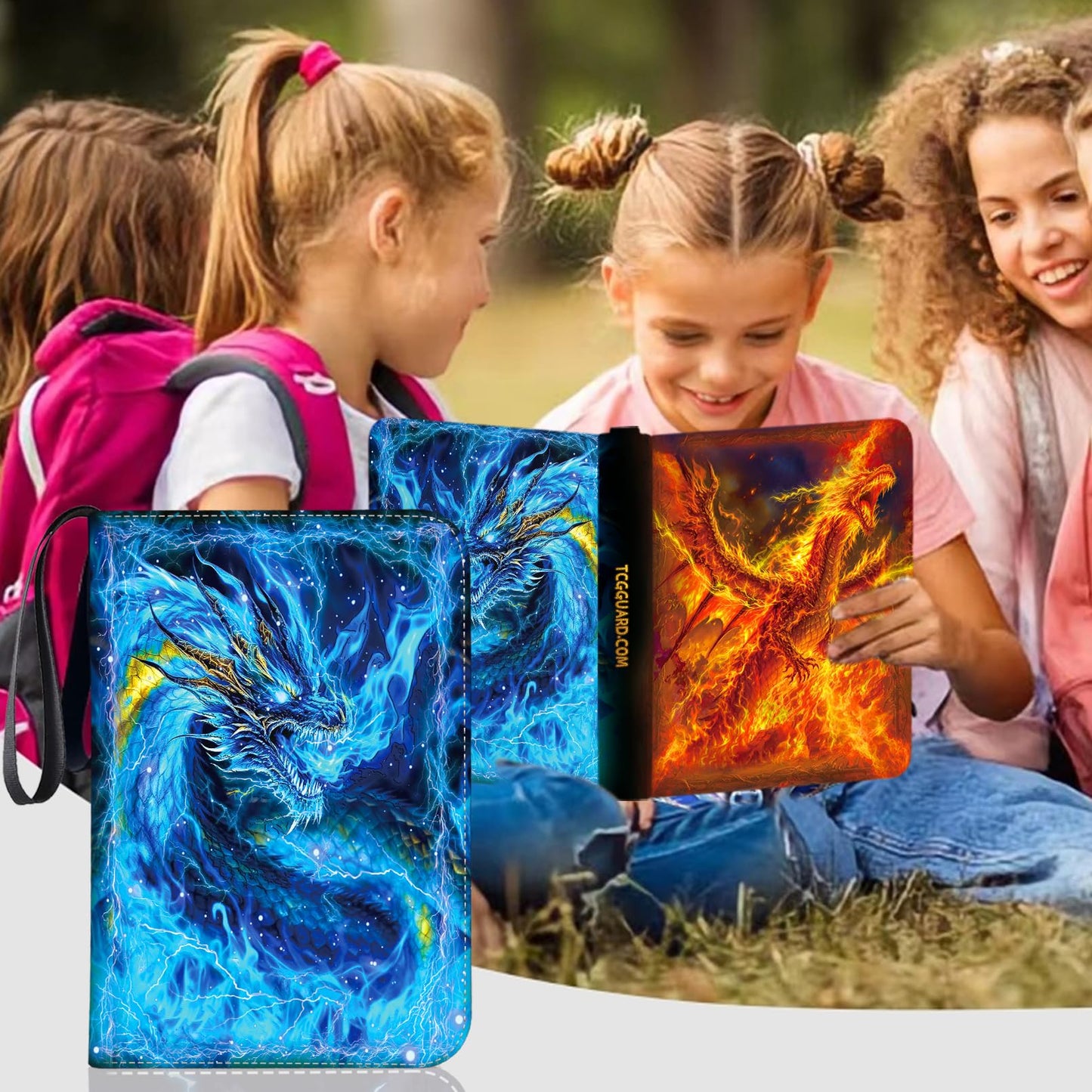 MYTCG 1008 Card Binder – 3-Ring with 56 Removable Sleeves, 9-Pocket Pages, Waterproof Album (Fire)