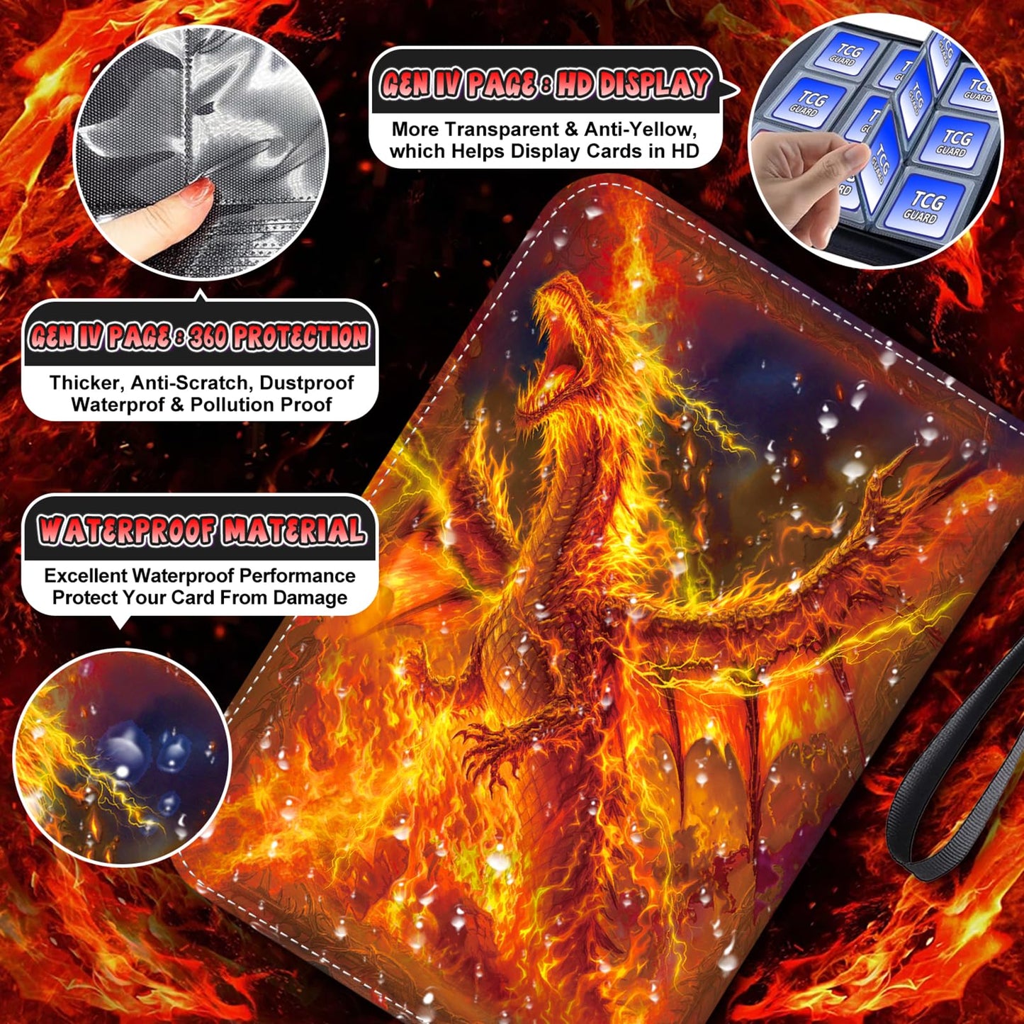 MYTCG 1008 Card Binder – 3-Ring with 56 Removable Sleeves, 9-Pocket Pages, Waterproof Album (Fire)