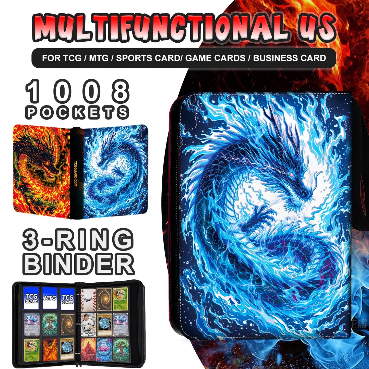 MYTCG 1008 Card Binder – 9-Pocket, 56-Page Sleeves, 3-Ring Organizer, Waterproof Case – Double Dragon