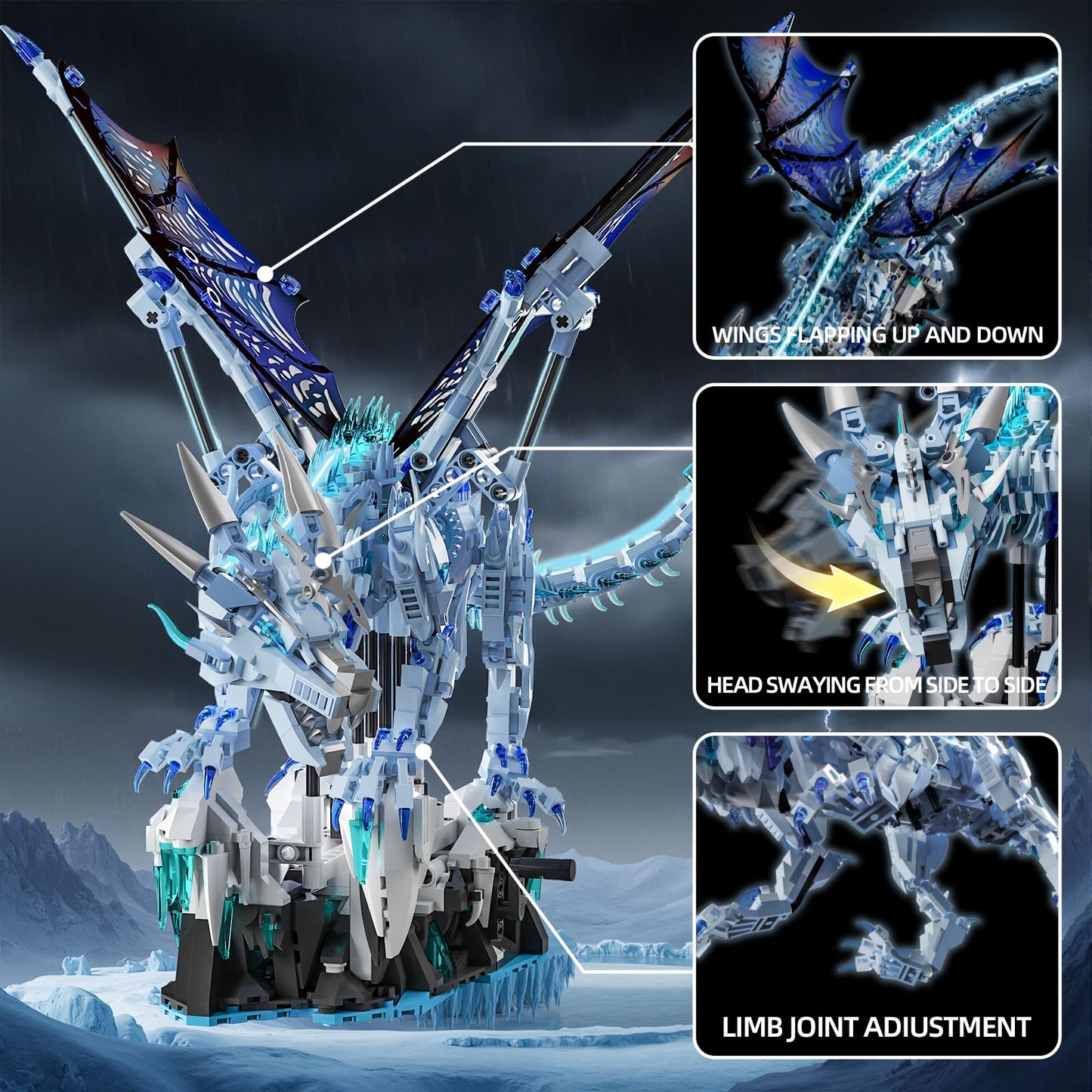 Myth Qholve Mechanical Dark Ice Dragon Build Set – Hand Crank or Motor Motion for Teens & Adults