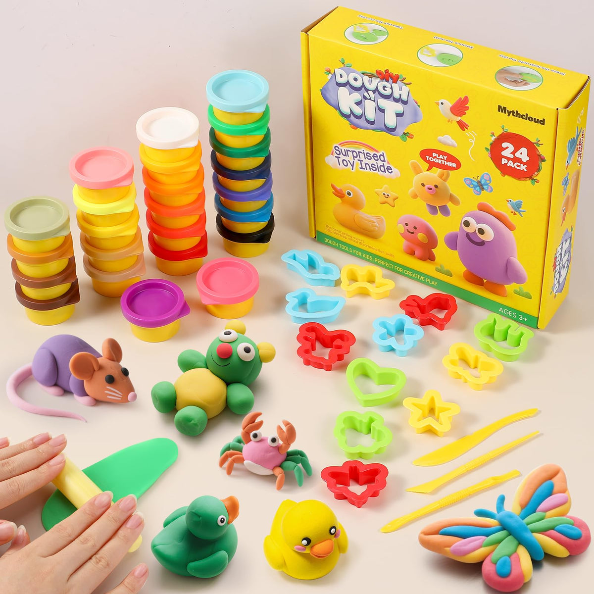 Mythcloud 24-Color DIY Playdough Bulk Pack with 16 Tools – Safe Odor-Free Kids Craft Kit for Ages 3–8