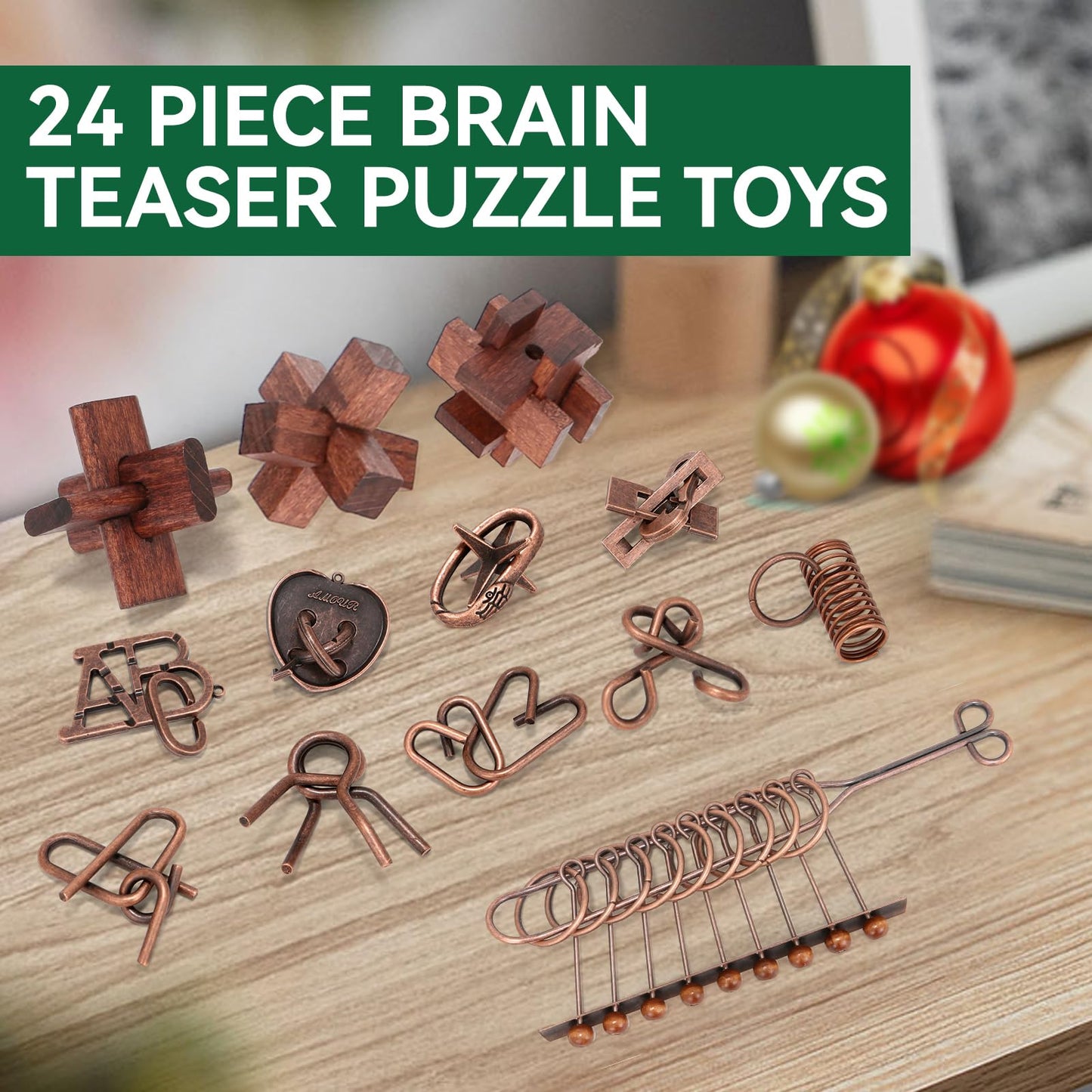 Mytothfy 24 Pcs Brain Teaser Puzzles for Adults – 3D Wood & Metal Interlocking Set