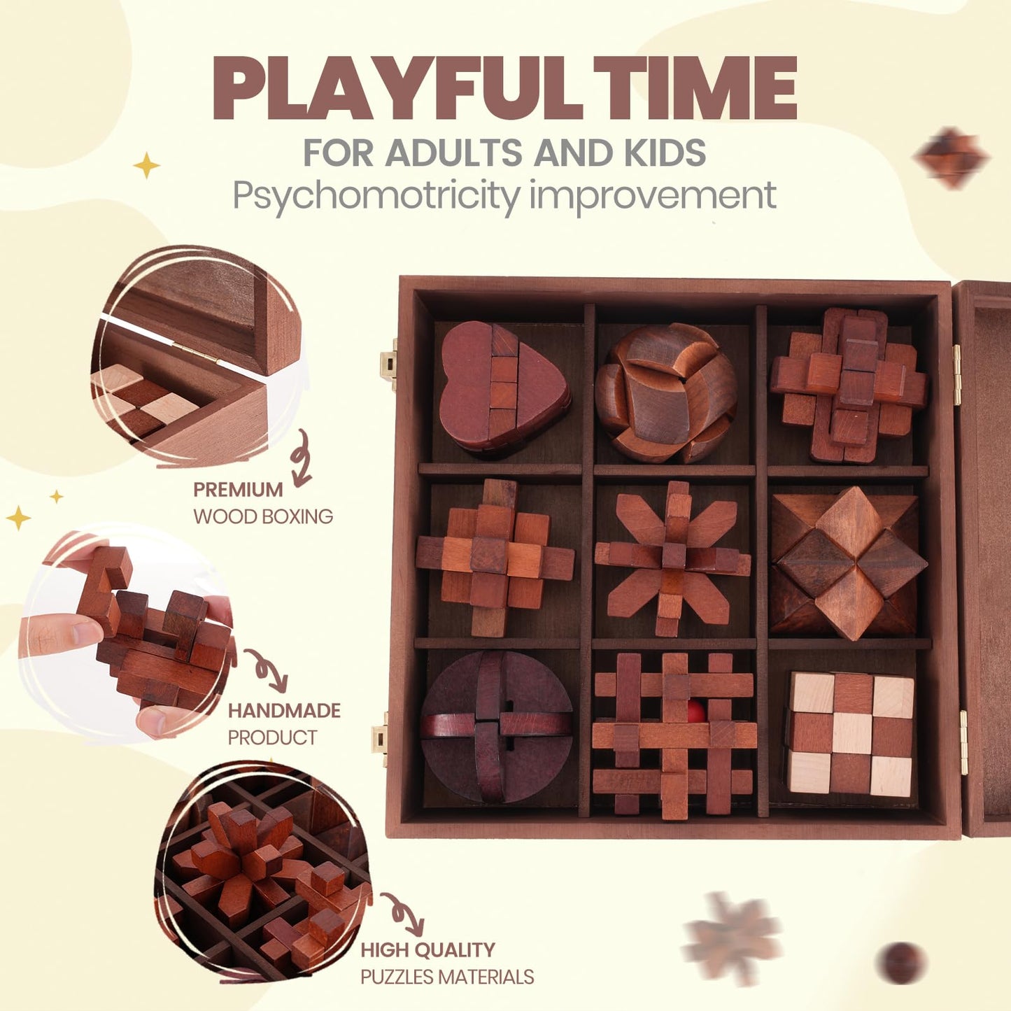 Mytothfy Wooden Brain Teaser Puzzles for Adults | 3D Interlocking Box Set