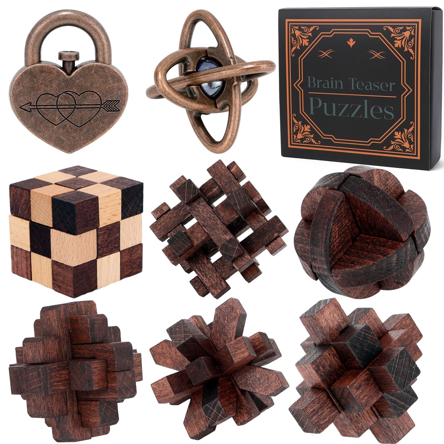Mytothfy 8 Pcs Brain Teaser Puzzles for Adults & Teens – Wooden & Metal 3D Interlocking Puzzle Toys