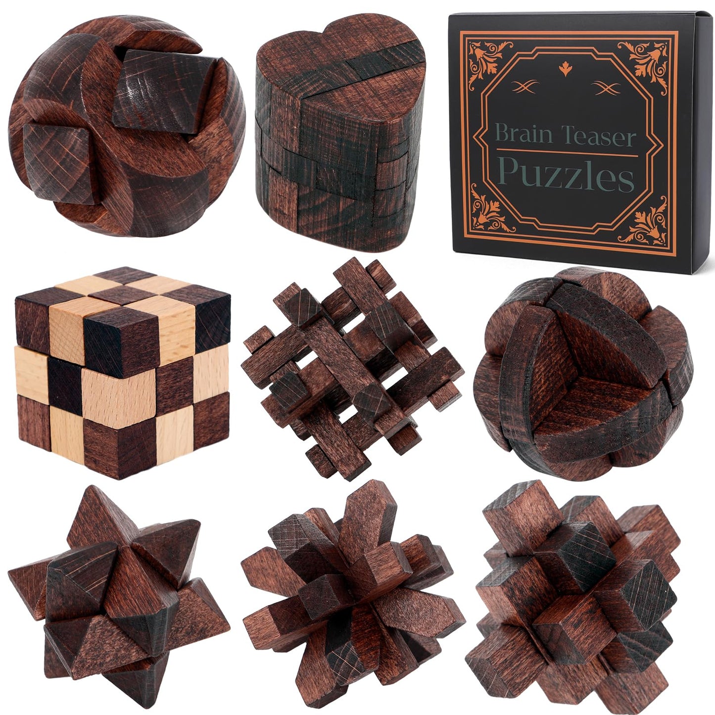 Mytothfy 8-Piece Wooden Brain Teaser Puzzles for Adults & Teens | 3D Interlocking IQ Games