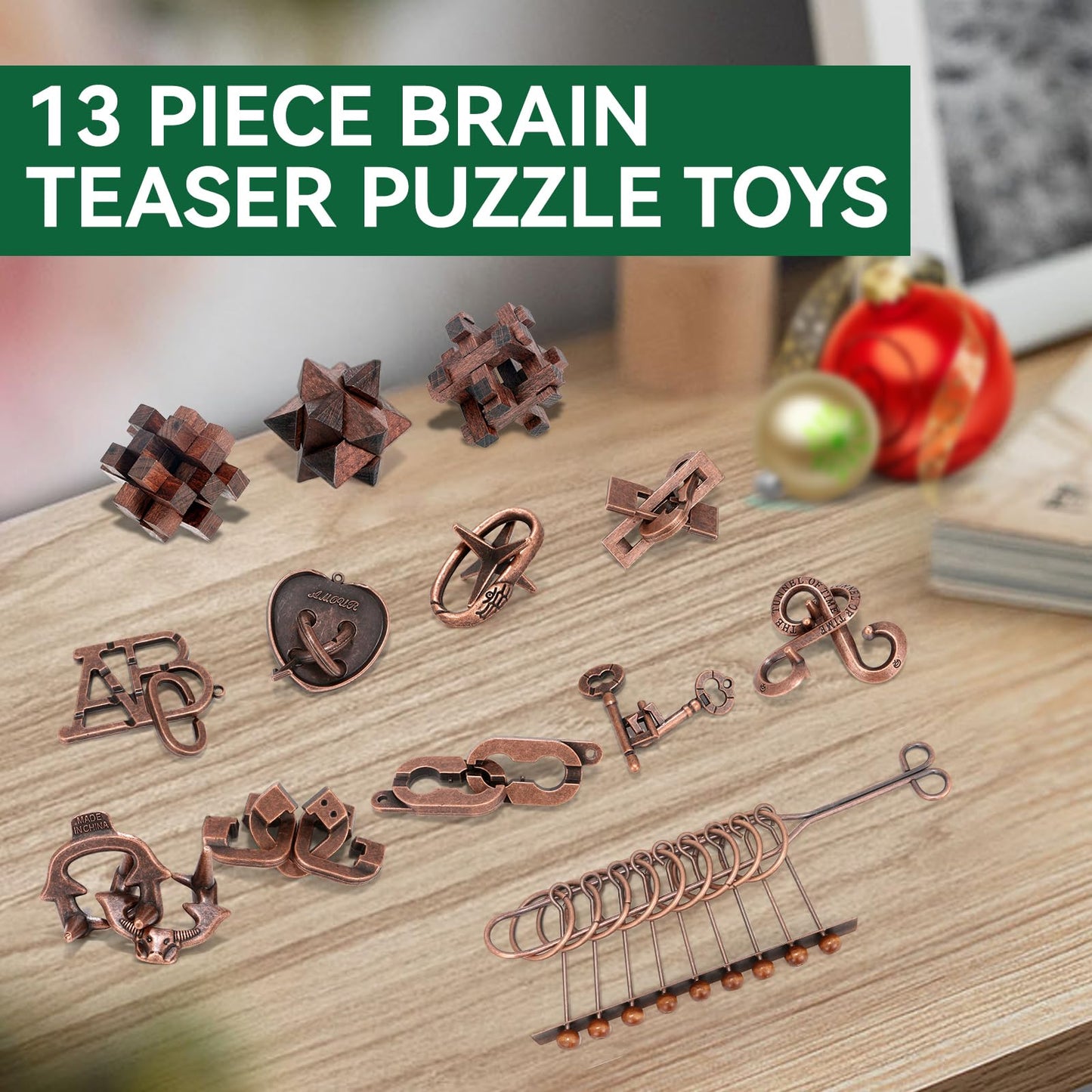 Mytothfy 13-Piece Brain Teaser Puzzles – 3D Wood & Metal Interlocking Puzzles for Adults