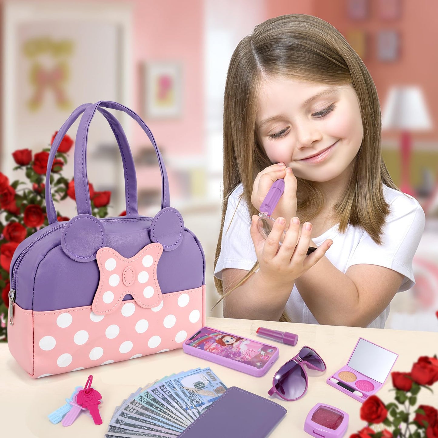 Mytothfy Pretend Play Purse for Girls – Toddler Purses with Makeup Toys (Purple)
