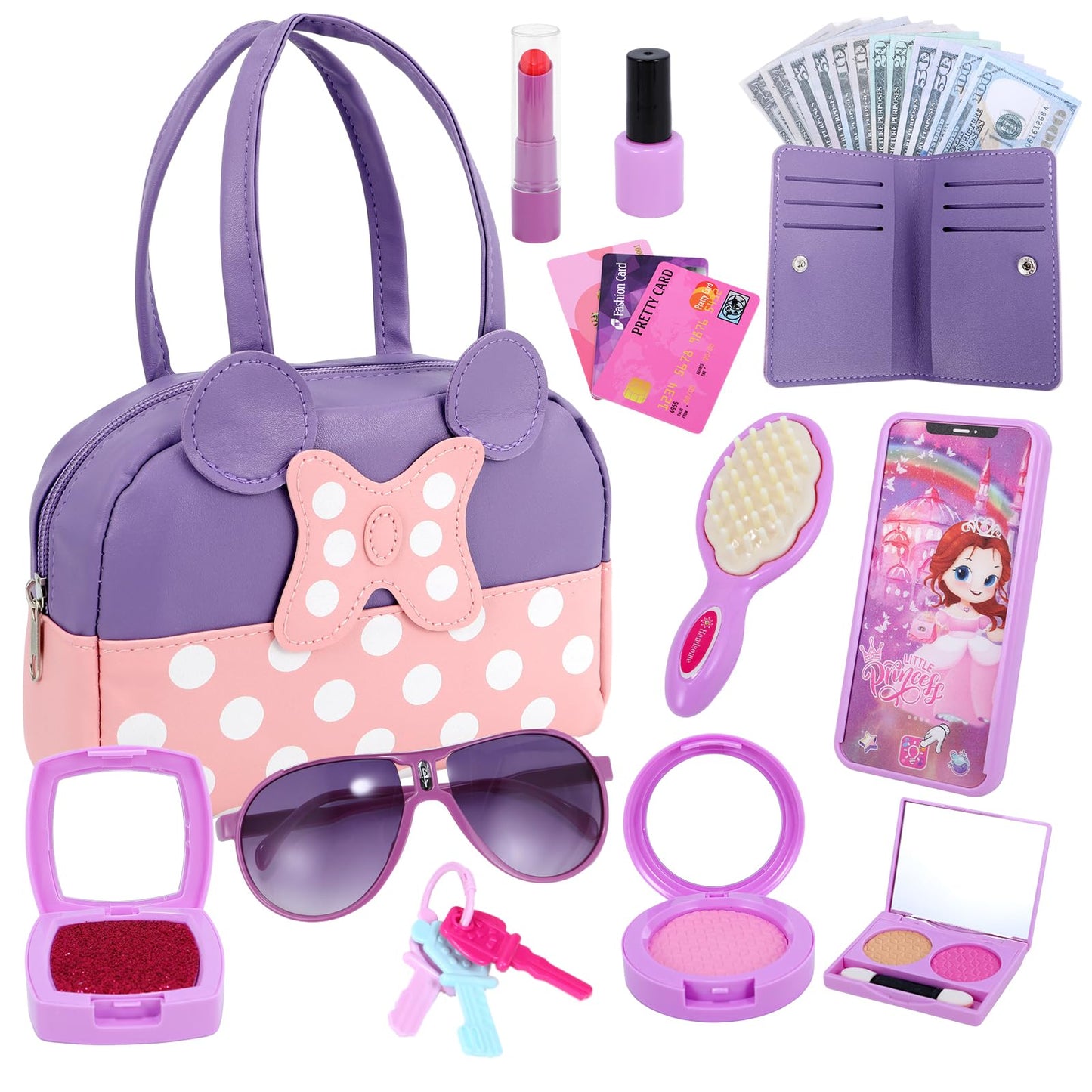 Mytothfy Pretend Play Purse for Girls – Toddler Purses with Makeup Toys (Purple)