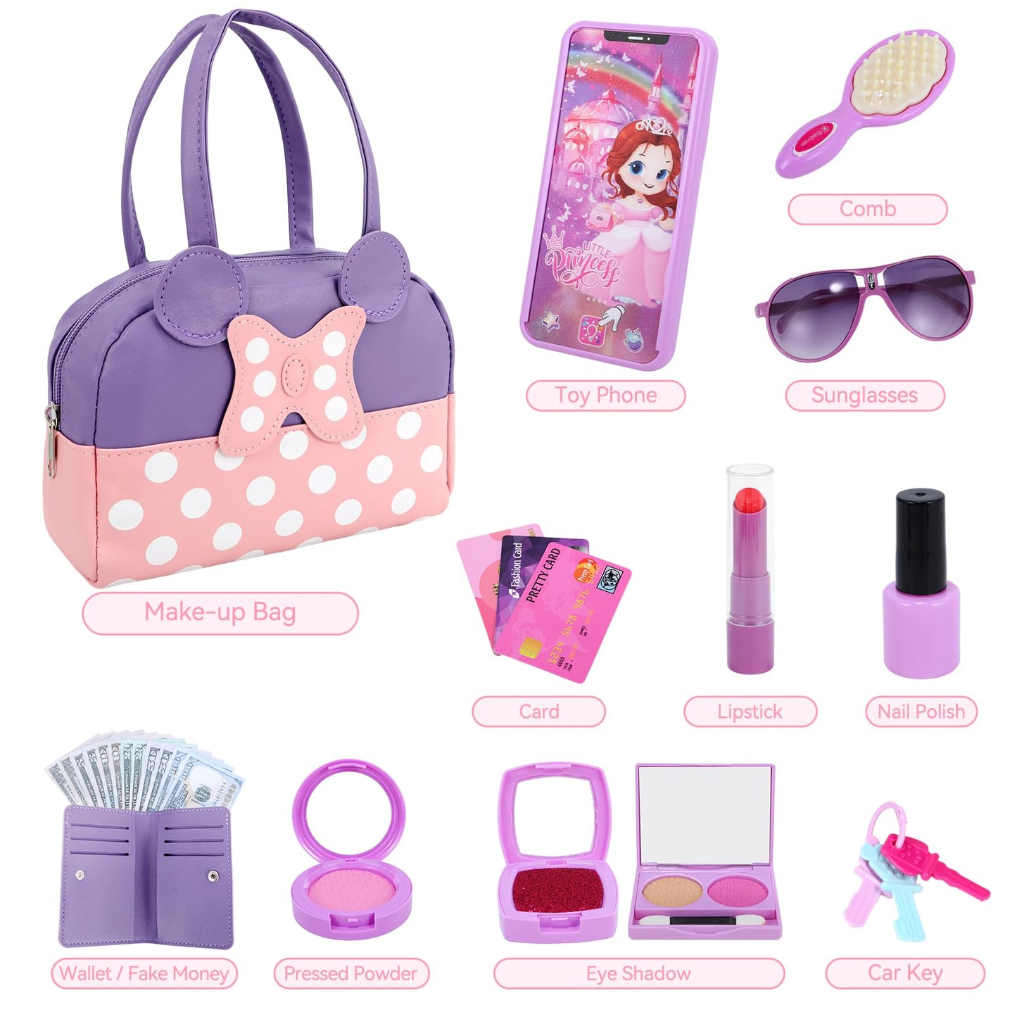 Mytothfy Pretend Play Purse for Girls – Toddler Purses with Makeup Toys (Purple)