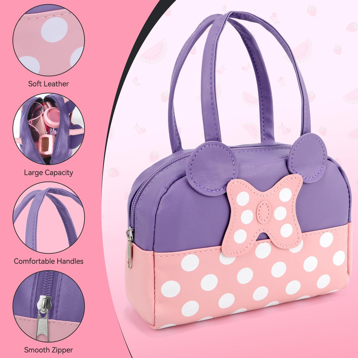 Mytothfy Pretend Play Purse for Girls – Toddler Purses with Makeup Toys (Purple)