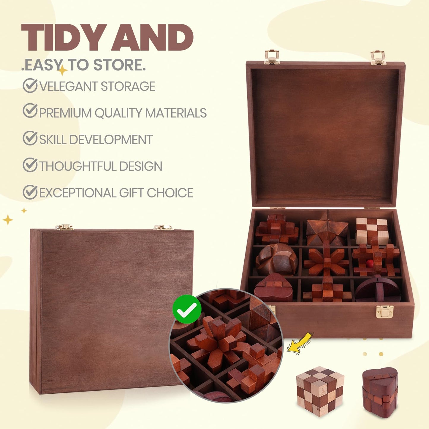 Mytothfy Wooden Brain Teaser Puzzles for Adults | 3D Interlocking Box Set