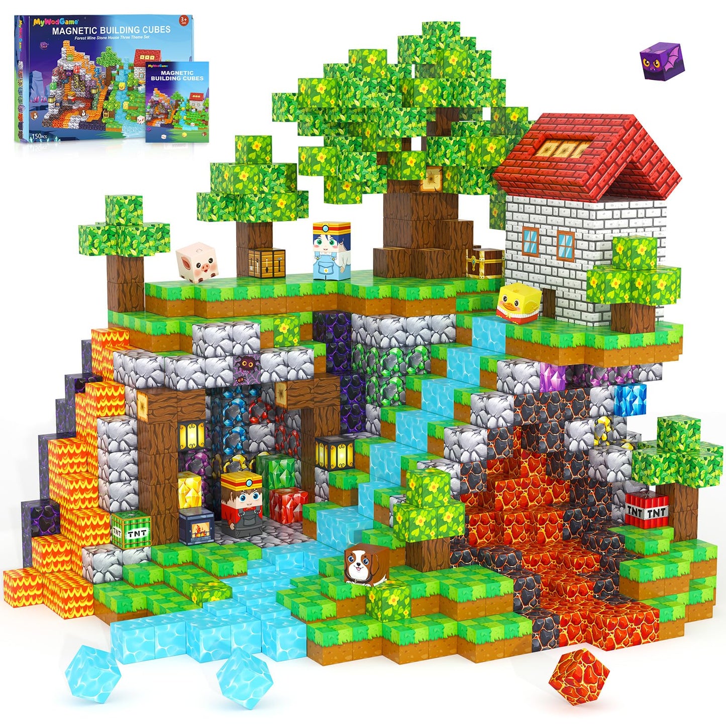 MyWodGame 150PCS Magnetic Blocks – Forest, Mine & Stone House Themes | Educational Toy for Kids 3+