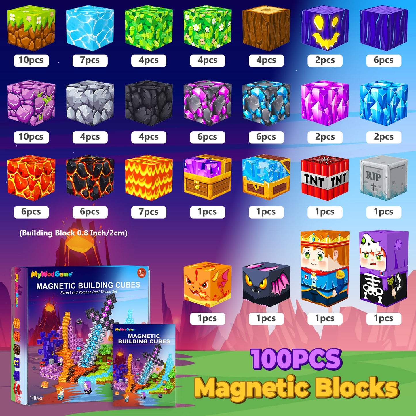 MyWodGame Magnetic Blocks – 100 PCS Forest & Volcano Set for Kids