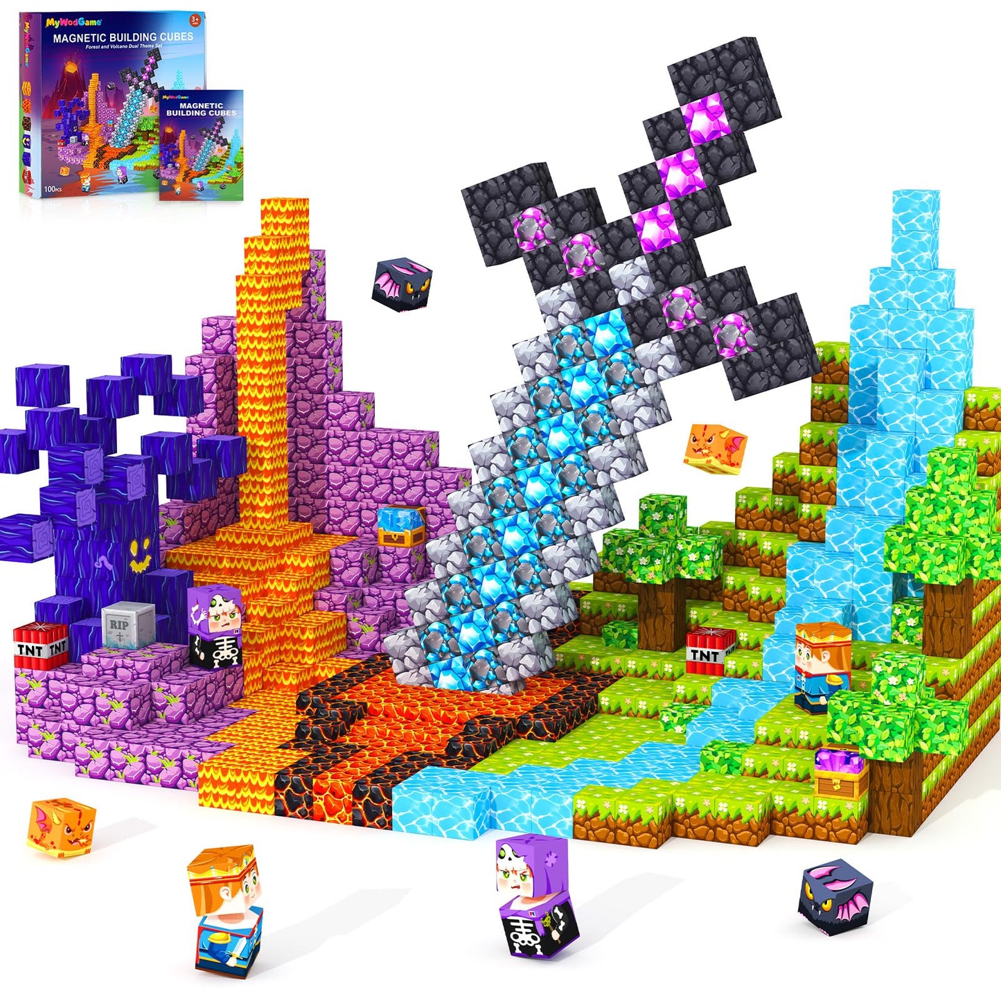 MyWodGame Magnetic Blocks – 100 PCS Forest & Volcano Set for Kids