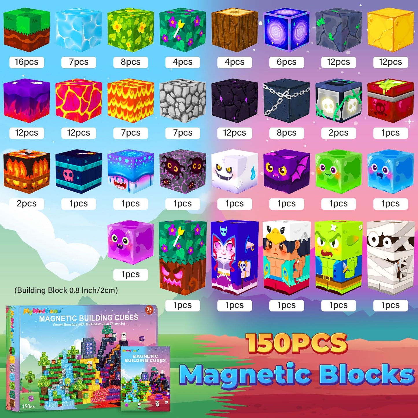 MyWodGame Magnetic Blocks – 150-Piece Building Toys for Kids 3+ | Forest Monsters & Ghosts Theme