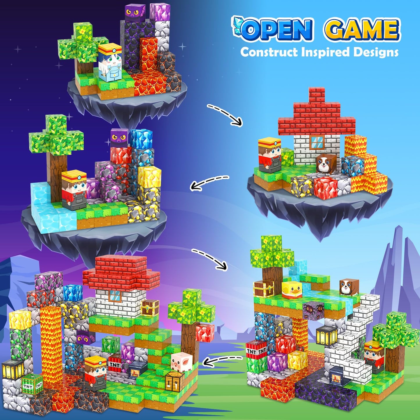 MyWodGame 150PCS Magnetic Blocks – Forest, Mine & Stone House Themes | Educational Toy for Kids 3+
