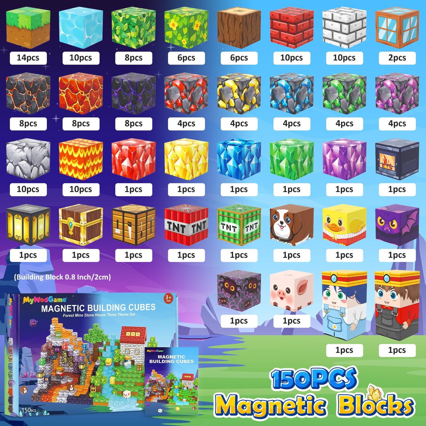 MyWodGame 150PCS Magnetic Blocks – Forest, Mine & Stone House Themes | Educational Toy for Kids 3+