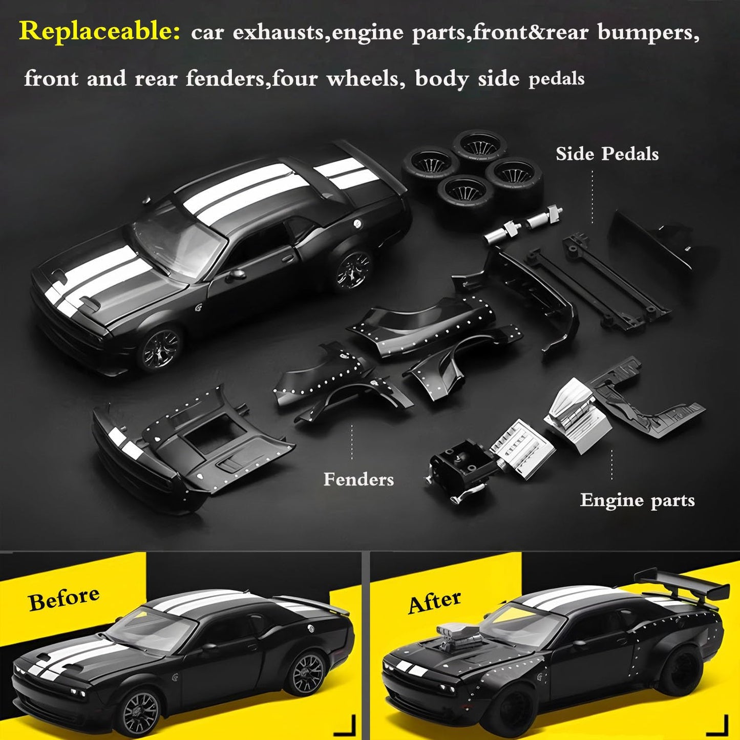 Mzexoma Hellcat DIY Disassembly Toy Car 1:36 Dodge Challenger SRT – STEM Building Kit for Kids 3+ (Black)