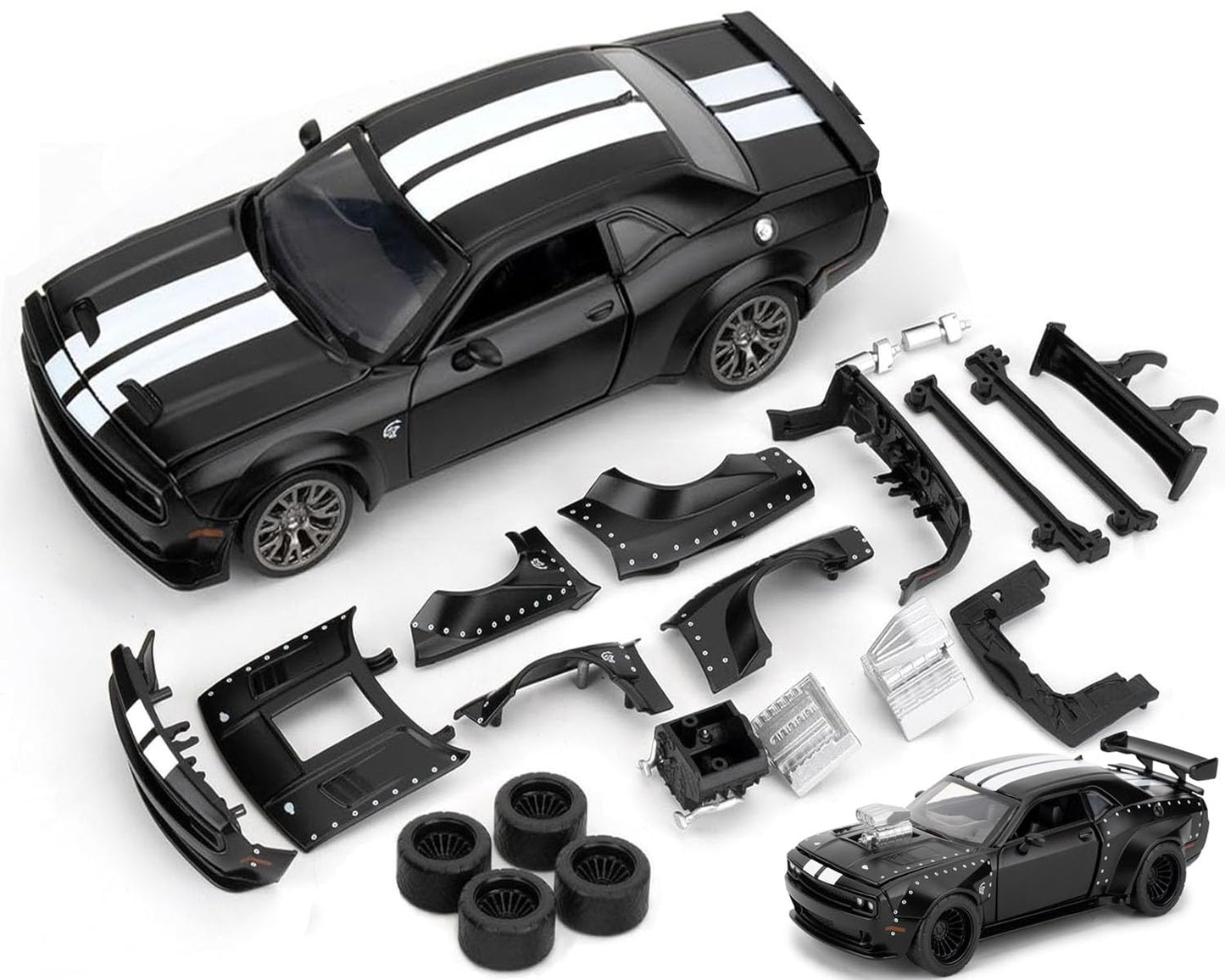 Mzexoma Hellcat DIY Disassembly Toy Car 1:36 Dodge Challenger SRT – STEM Building Kit for Kids 3+ (Black)