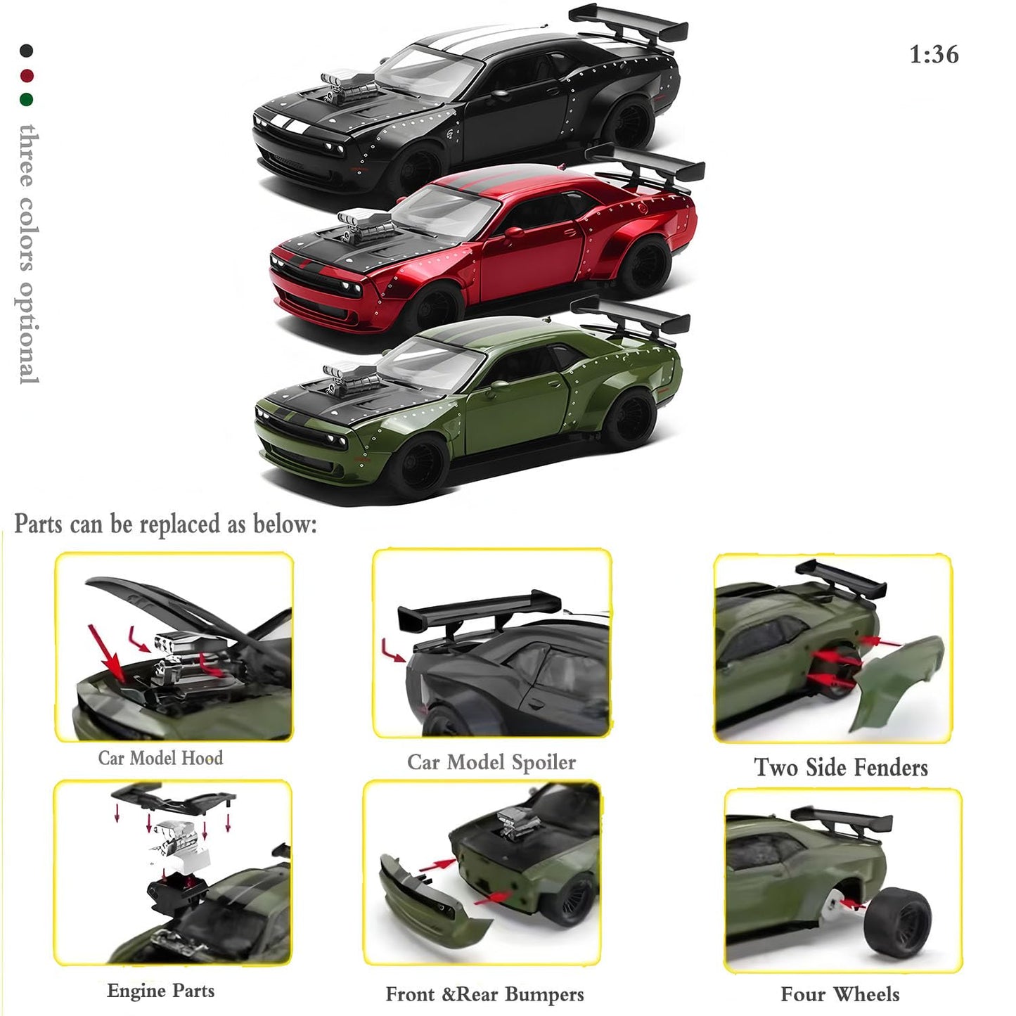 Mzexoma Hellcat DIY Disassembly Toy Car 1:36 Dodge Challenger SRT – STEM Building Kit for Kids 3+ (Black)