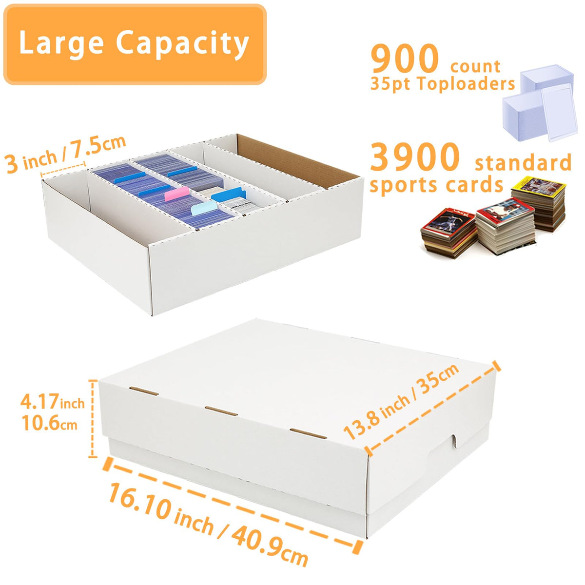 MZONGZI Collector Card Storage Box 3900+ Capacity – 5-Row, 8 Dividers, White Card Organizer