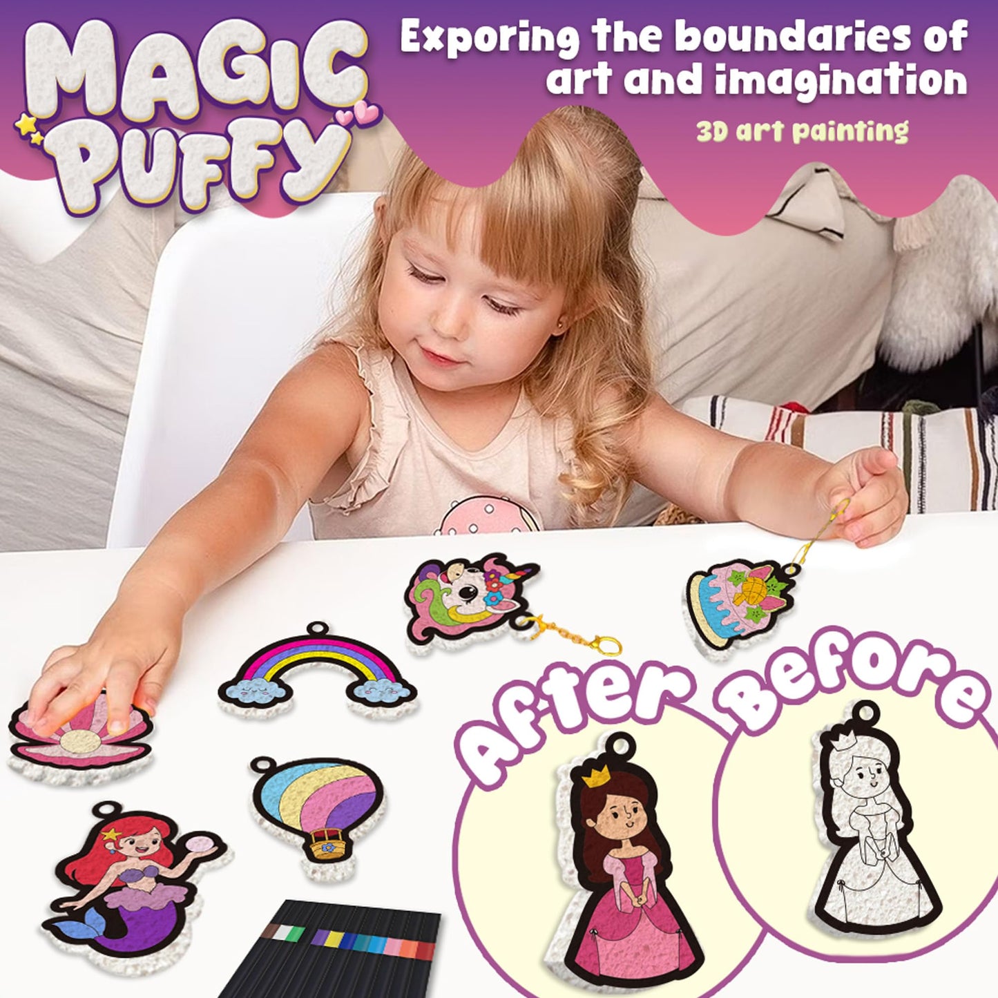 MZYTOZA 3D Art Kit Aqua Puffs – Princesses & Unicorns, Mess-Free Kids Craft