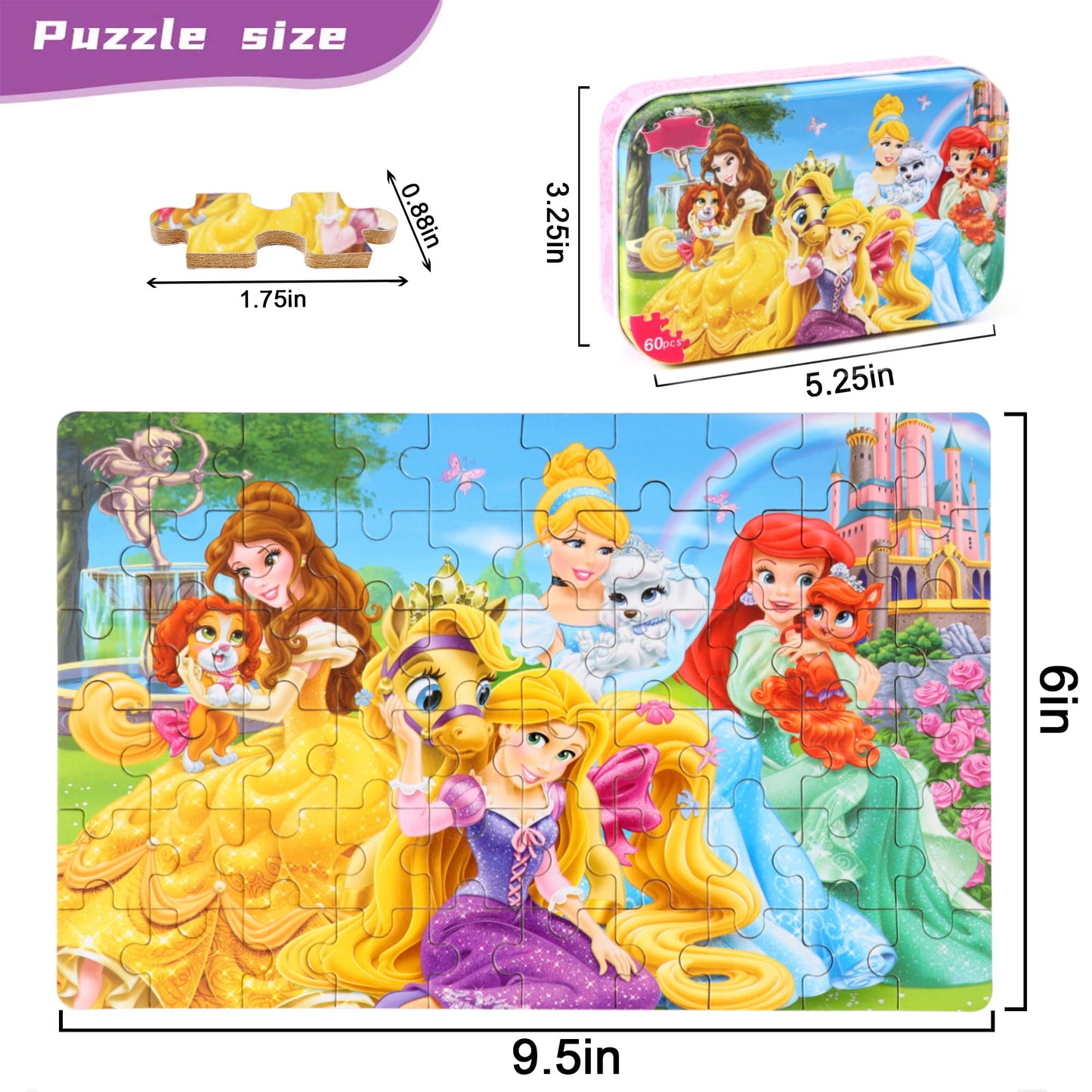 MZZOTOY Princess Puzzles - 60-Piece Educational Jigsaws for Kids 4-8 in Metal Box