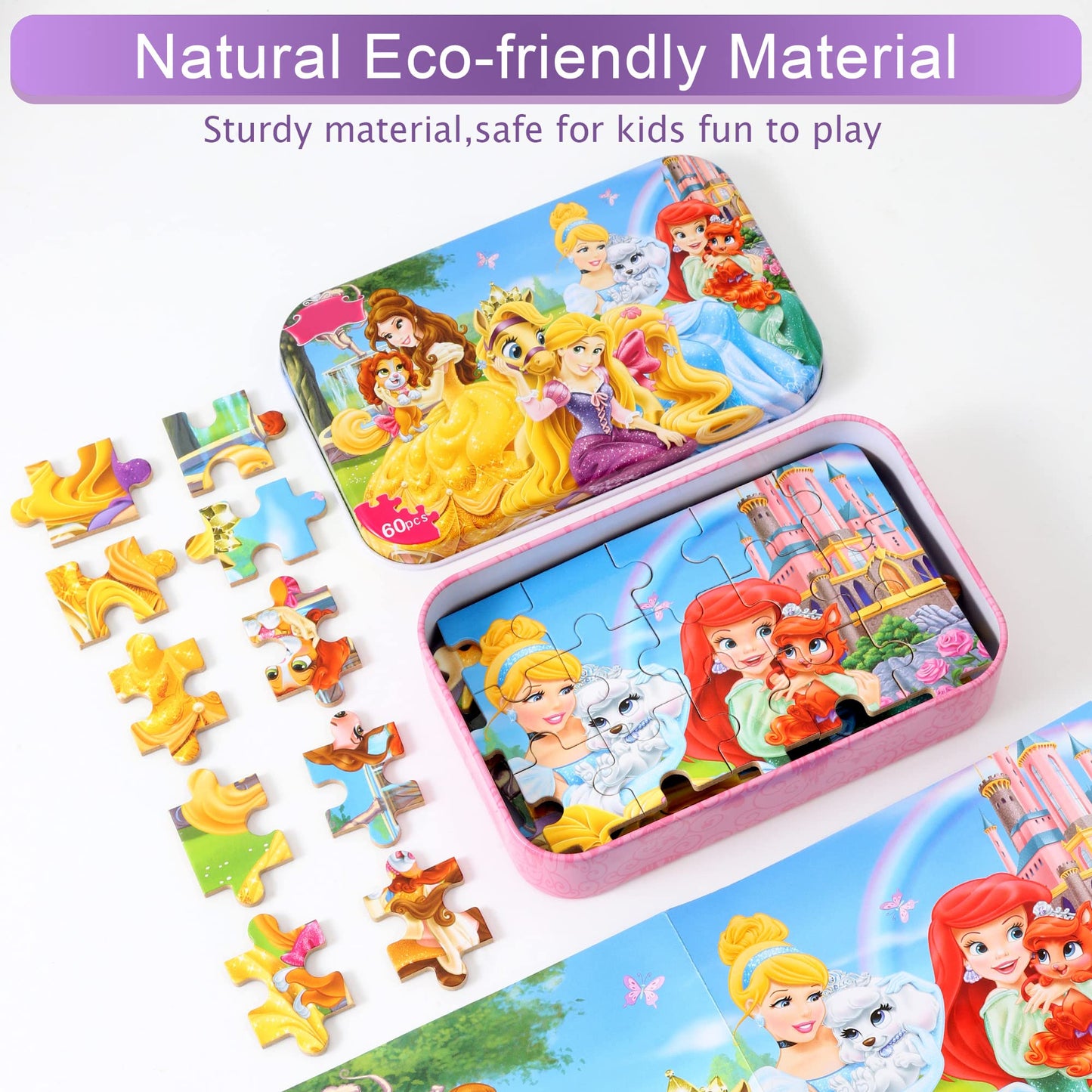 MZZOTOY Princess Puzzles - 60-Piece Educational Jigsaws for Kids 4-8 in Metal Box
