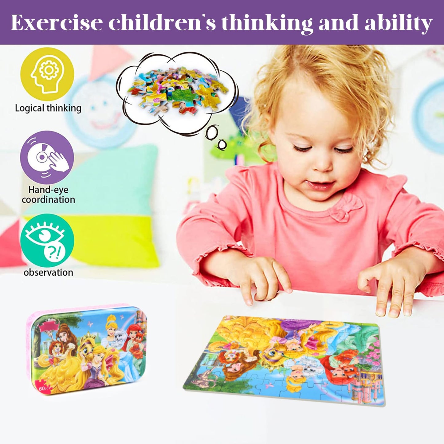 MZZOTOY Princess Puzzles - 60-Piece Educational Jigsaws for Kids 4-8 in Metal Box