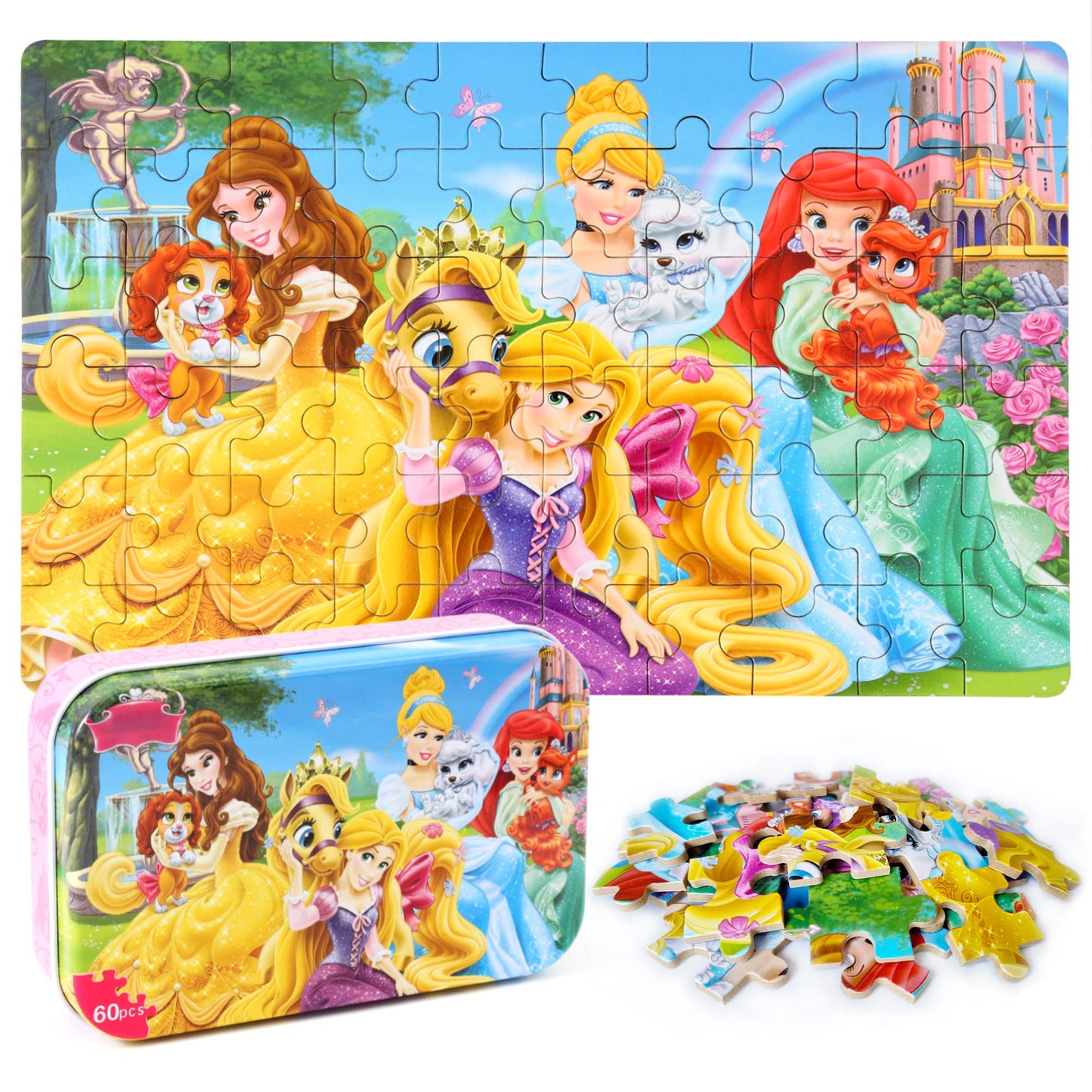 MZZOTOY Princess Puzzles - 60-Piece Educational Jigsaws for Kids 4-8 in Metal Box