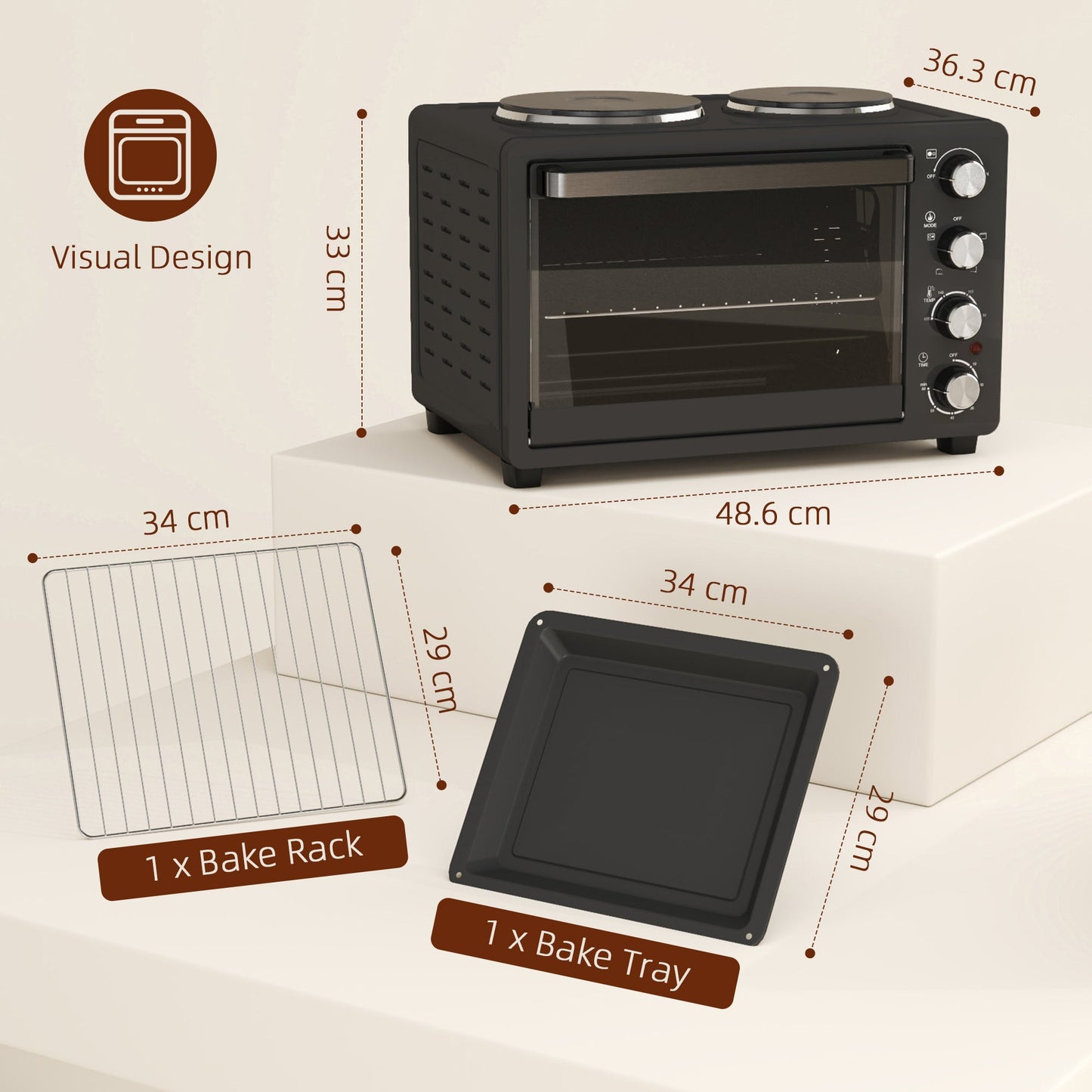 HOMCOM 28L Countertop Toaster Oven with 2 Hot Plates, Grill, Roast, Bake
