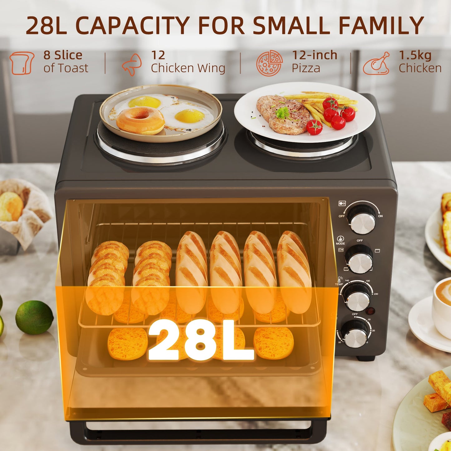 HOMCOM 28L Countertop Toaster Oven with 2 Hot Plates, Grill, Roast, Bake
